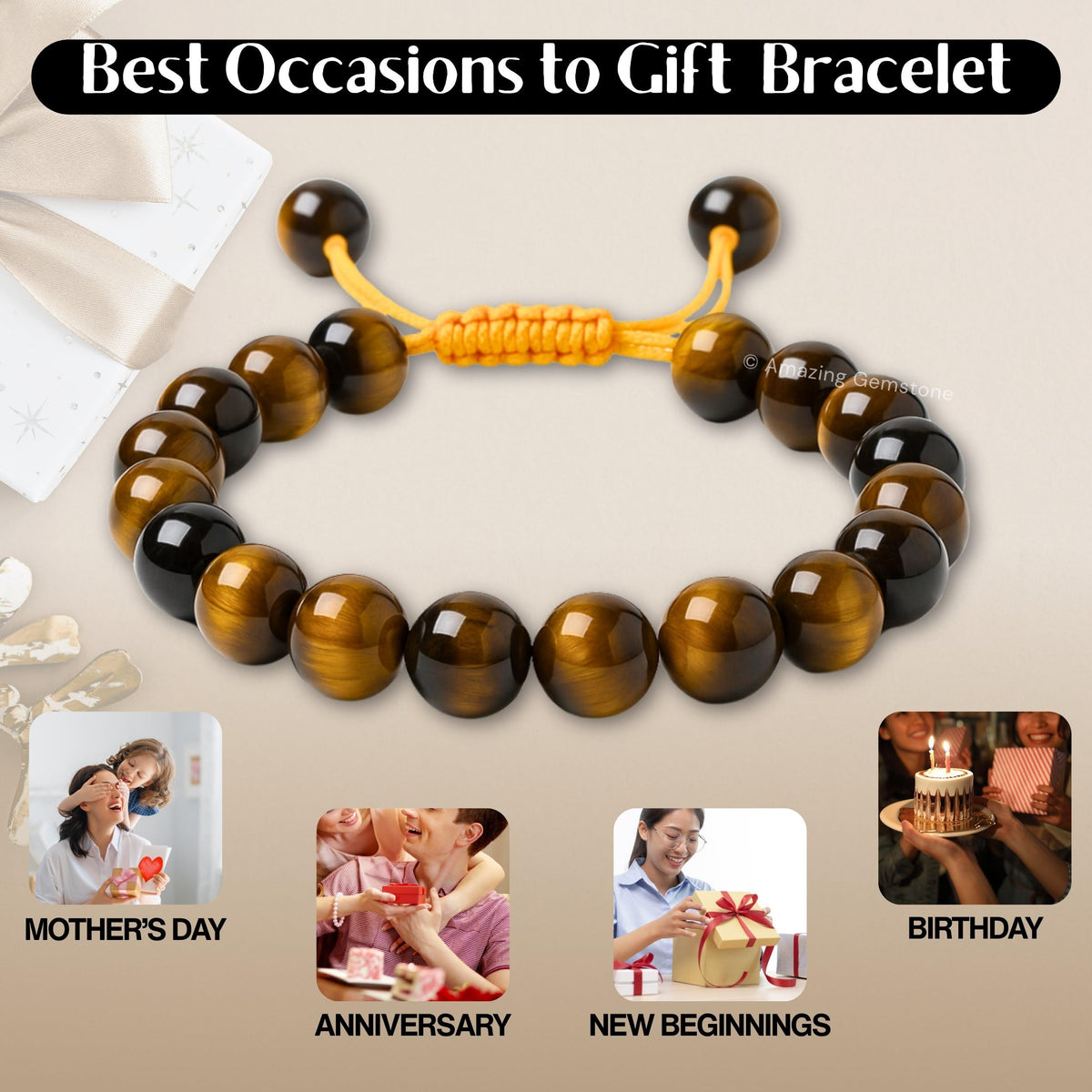 Amazing Gemstone Tiger Eye Bracelet for Women Men's Gifts - Protection Healing Crystal Bracelet - 8mm Gemstone Beaded Adjustable Bracelet