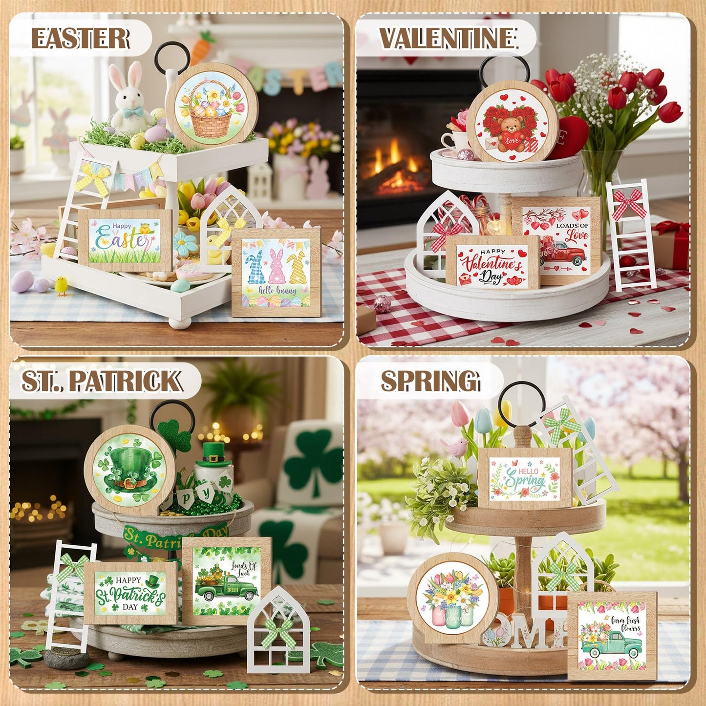 GlikCeil 95 Pcs Interchangeable All Season Tiered Tray Decor Set Summer Hawaii 4th of July Decorations Wooden Frames Ladders with Season Cards Bows for Independence Day Holiday Kitchen Home