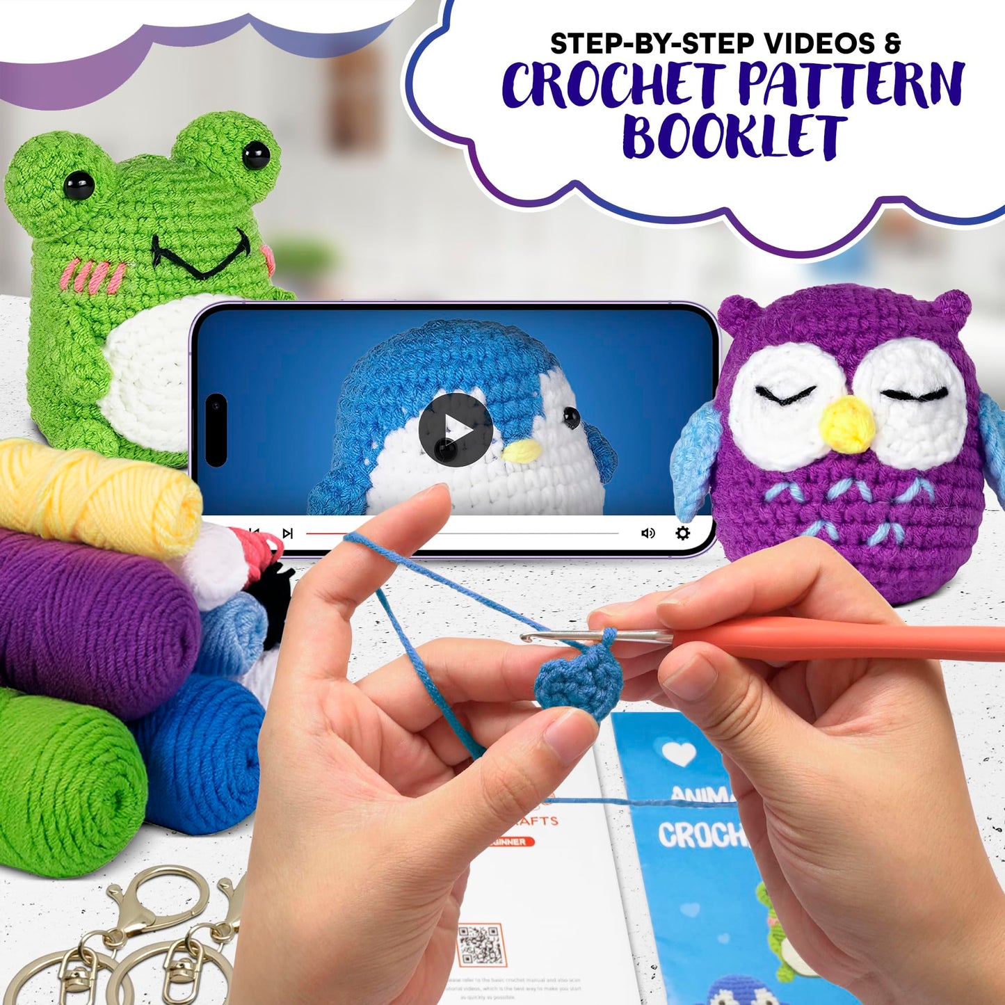 Animals Crochet Kit for Beginners – Set of 3 Easy-to-Use Knitting Kit for Adults with Yarns, Tools & Instructions for Creating Handmade Gifts, Nice for Stress Relief, Great as Mothers Day Gift for Mom