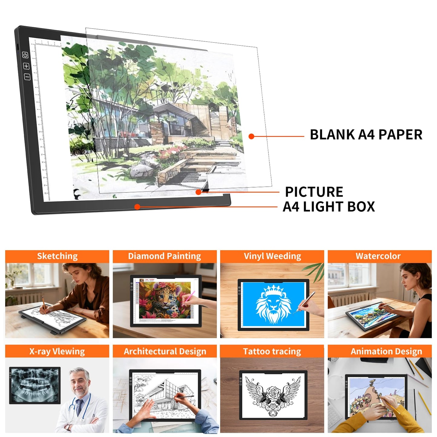 HIUKCOLED Rechargeable A4 Light Pad, Battery Powered Light Board with Top Clip๏ผStand, Stepless Dimmable๏ผ6-Level Brightness Adjustable, Wireless LED Tracing Box for Diamond Painting,Drawing,Sketching