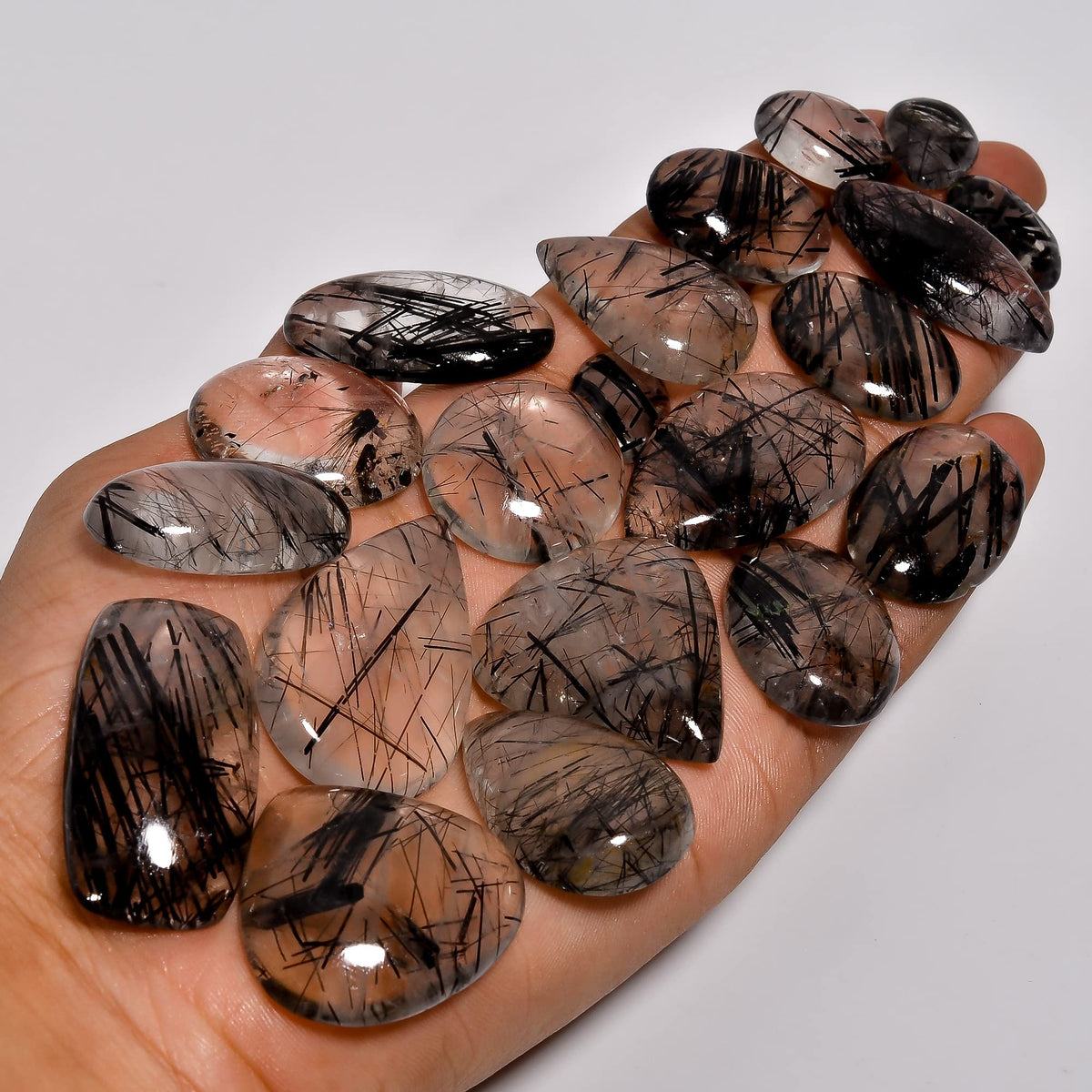Natural 5, 4 & 3 Pcs Gemstones Cabochons Lot (15–30 MM), Multi Shape Stones for Jewelry Making Supplies Healing Crystals Gems Loose Gemstones (black rutile, 5pcs)