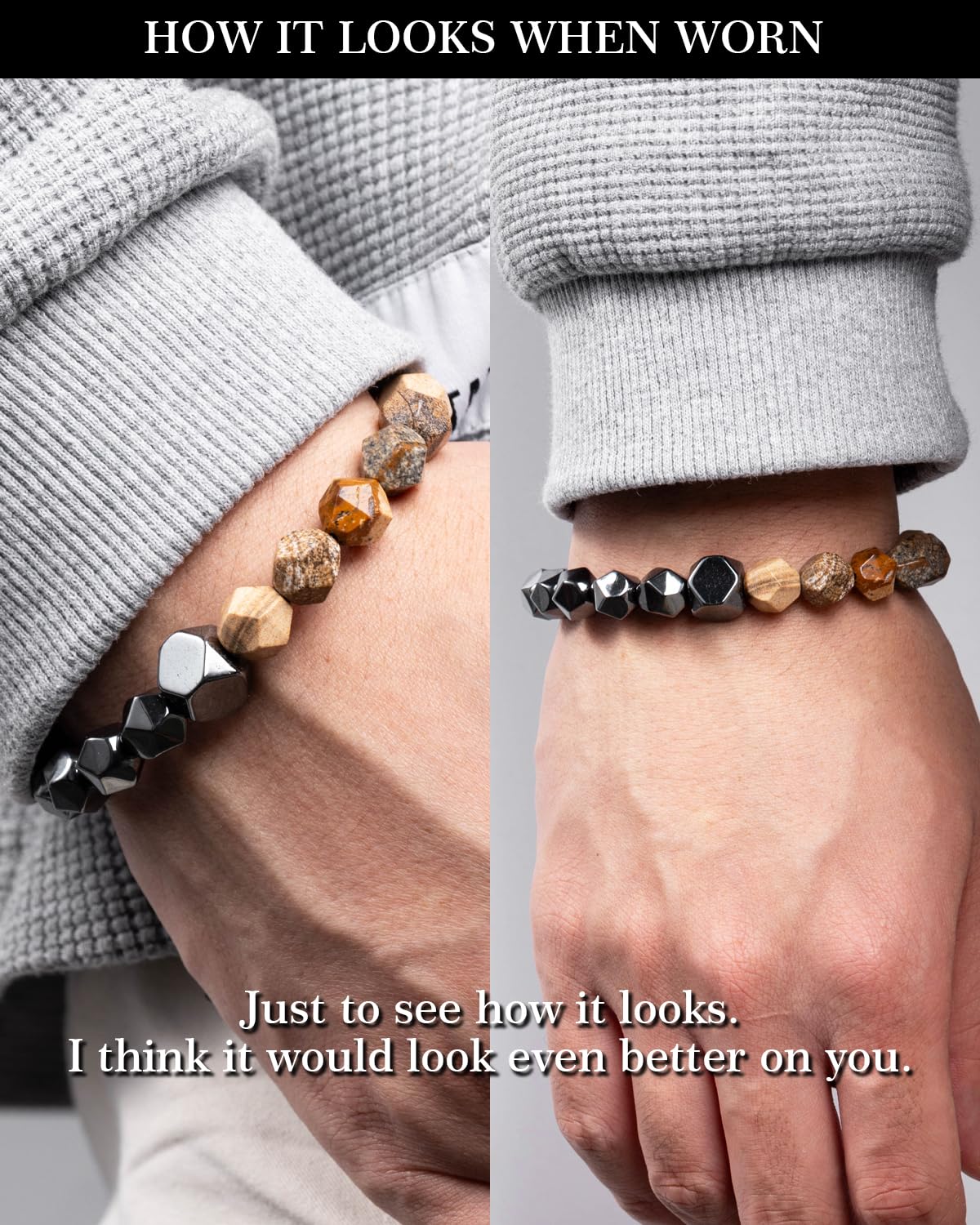 Beaded Bracelet for Men, 10mm Natural Stones Bracelet for Men's Gift, Adjustable Precision-Cut Gemstone Crystal Healing Bracelet, Protection Jewelry Gift with Hematite, Tiger Eye (Picture Stone & Hematite)