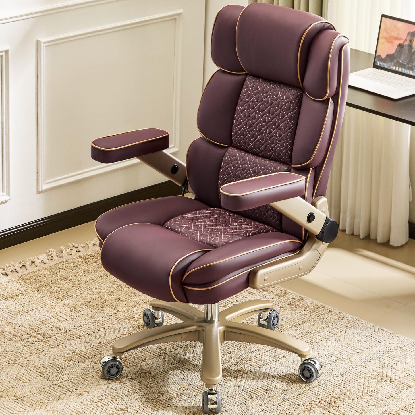 Heavy Duty Executive Leather Chair, Big and Tall Office Chair 500lbs with 5D Flip-up Armrests, Comfortable Seat, Adjustable Lumbar, High Back, Large Computer Desk Chair for Home Office, Brown