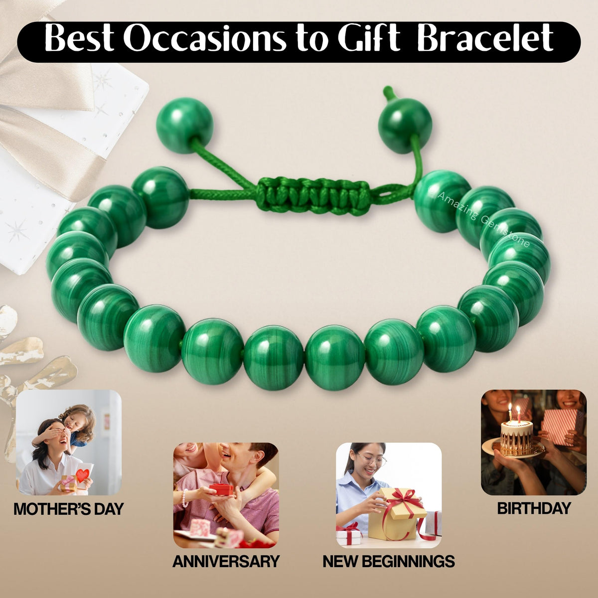 Amazing Gemstone Malachite Bracelet for Women Men's Gifts - Protection Healing Crystal Bracelet - 8mm Gemstones Beaded Adjustable Bracelet Pulseras Para Hombres Mujer Stocking Stuffers