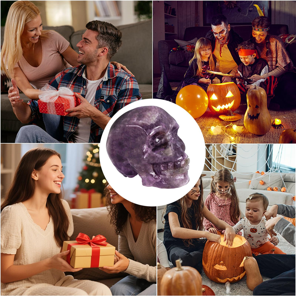 Hguxmcu Amethyst Crystal Skull, 1.4 Inch Miniature Hand Carved Reiki Healing Pocket Stone, Small Collectible Skull Figurine for Altar Home Office Decor, Crystal Statue Meditation Gift for Men Women