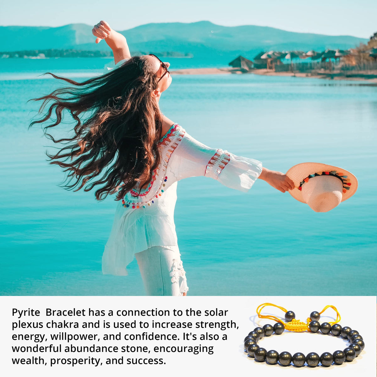 ANAYA AGATE Healing Crystal Bracelet – Chic Gemstone Bracelet for Men and Women – 8mm Round Bead Bracelets for Spiritual Healing, Protection, Positive Energy - Pyrite