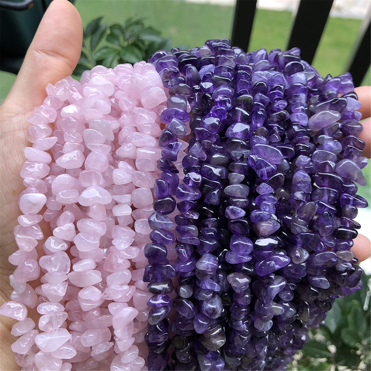Fekuar 64" Irregular Tumbled Amethyst & Rose Quartz Chip Beads for Jewelry Making, Healing Crystal Drilled Loose Bead Strand DIY Craft Supplies, 5-8mm