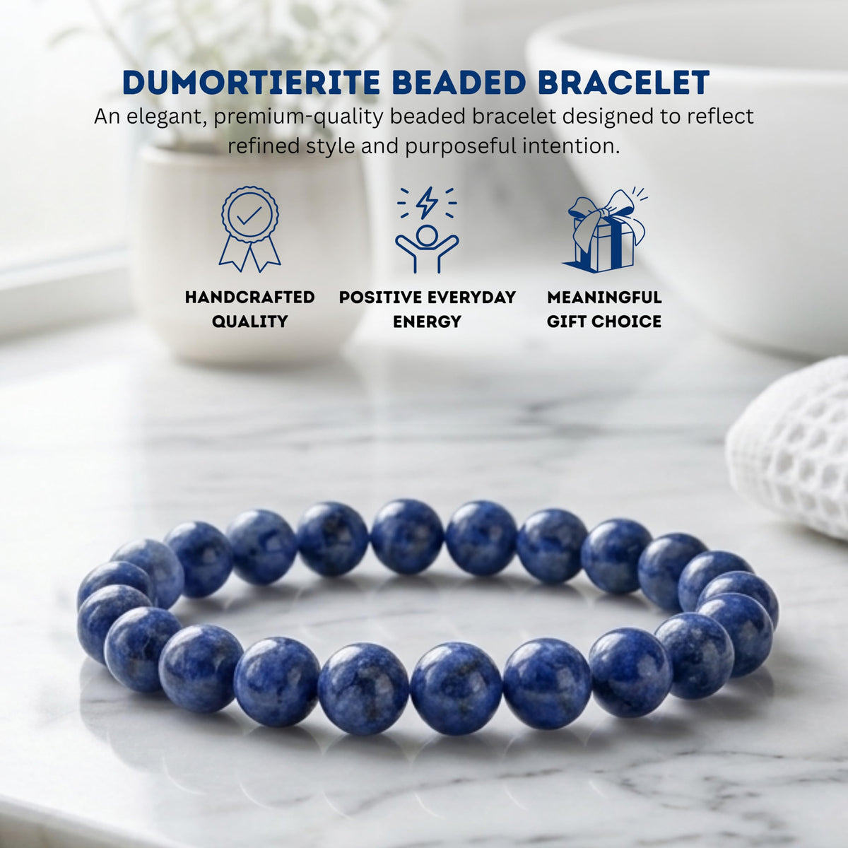 Cherry Tree Collection Dumortierite Beaded Bracelet – Genuine 8mm Gemstone Stretch Bracelet for Men & Women – Handmade Crystal Bracelet - (Dumortierite - S)