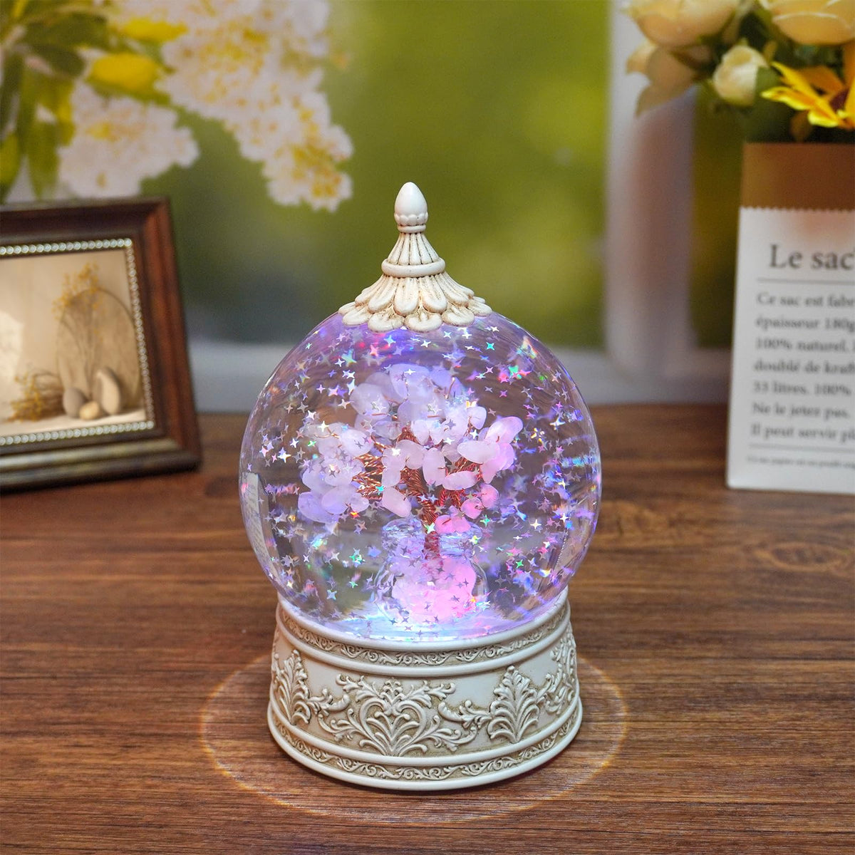 Rose Quartz Healing Crystal Tree Globe with Colorful Lights Sparkling Glitter, Natural Gemstone Base, Spiritual Meditation, Positive Energy Good Luck, Home Decor, Birthday Gifts (Rose Quartz)