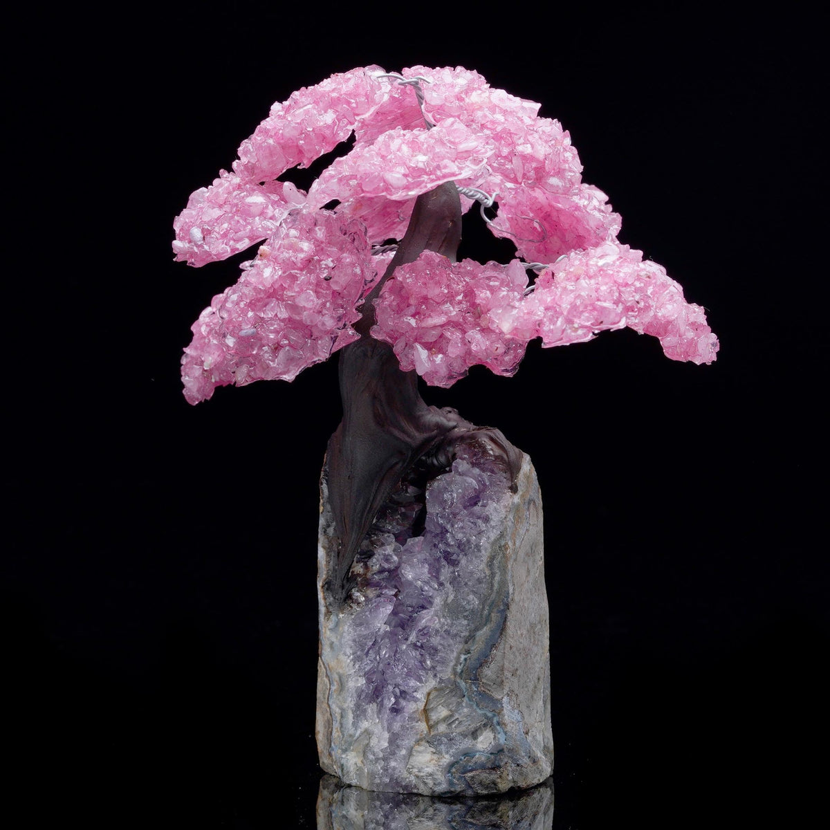 Rose Quartz Gemstone Tree on Amethyst Base, Crystal Tree with Natural Rose Quartz and Amethyst Stone, Decorative Healing Crystal Bonsai Tree