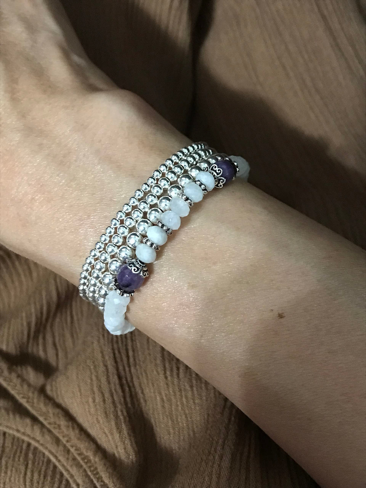 Customized 5mm Faceted Moonstone and Phosphosiderite Bracelet. Sterling Silver Accent Beads. New Beginning-Emotional Balance.