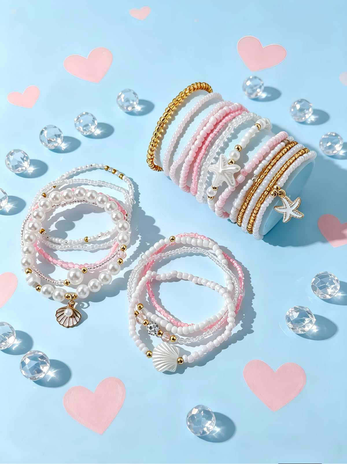 FAXHION Boho Gold Beaded Bracelets for Women, Starfish & Shell Pendant Bracelet Stack, Pink Bracelet Set Summer Beach Jewelry Gifts