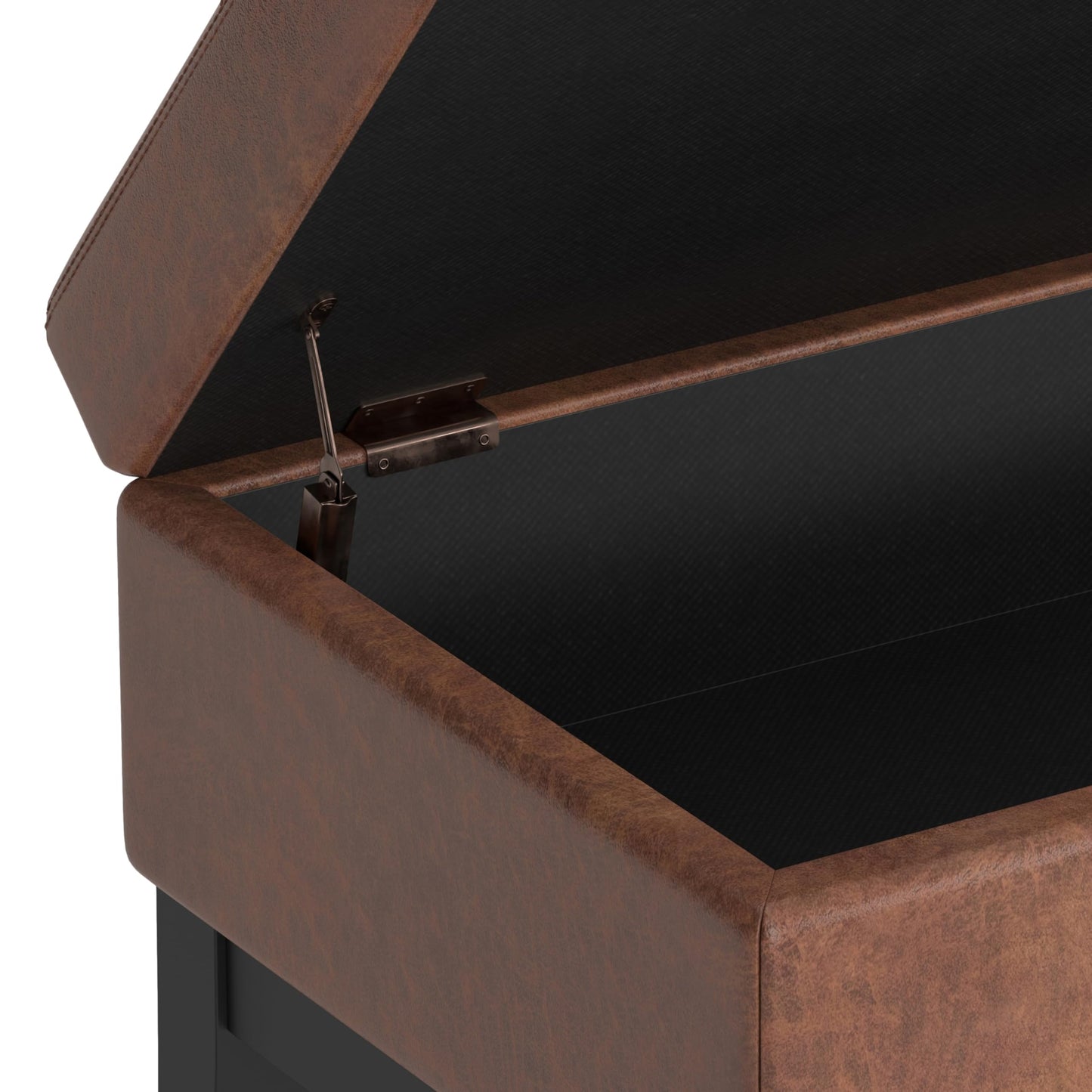SIMPLIHOME Oregon Storage Ottoman Bench with Tray - 42 inch Wide Vegan Leather Rectangle Storage Ottoman Bench in Distressed Saddle Brown, Transitional Tufted Ottoman for Living Room with Lift-Up Lid