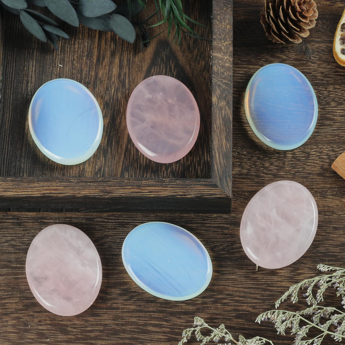Loveliome Thumb Worry Stone, Stress Relax Healing Reiki Crystal Pocket Palm Stones,Rose Quartz and Opalite,Pack of 2