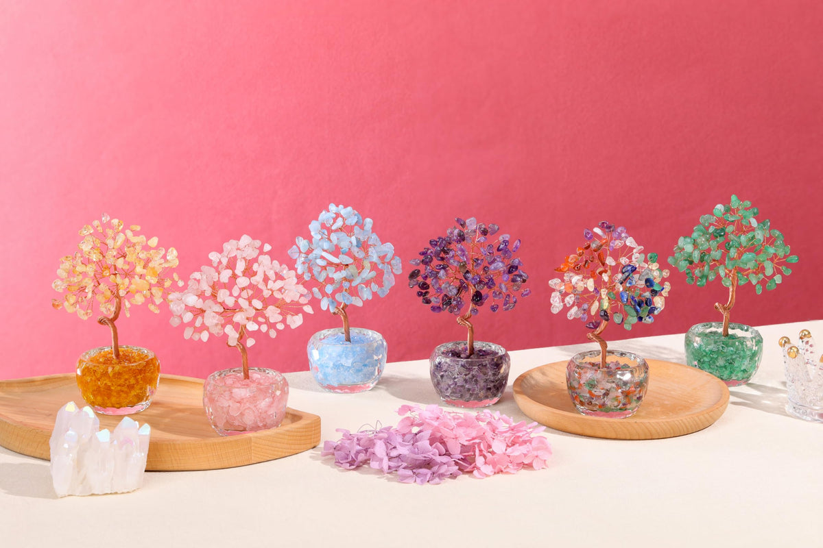 Top Plaza Healing Crystals Amethyst Crystal Tree with Glass Base Handmade Natural Gemstone Life Tree Mini Bonsai Money Trees Good Luck Home Office Desk Decor