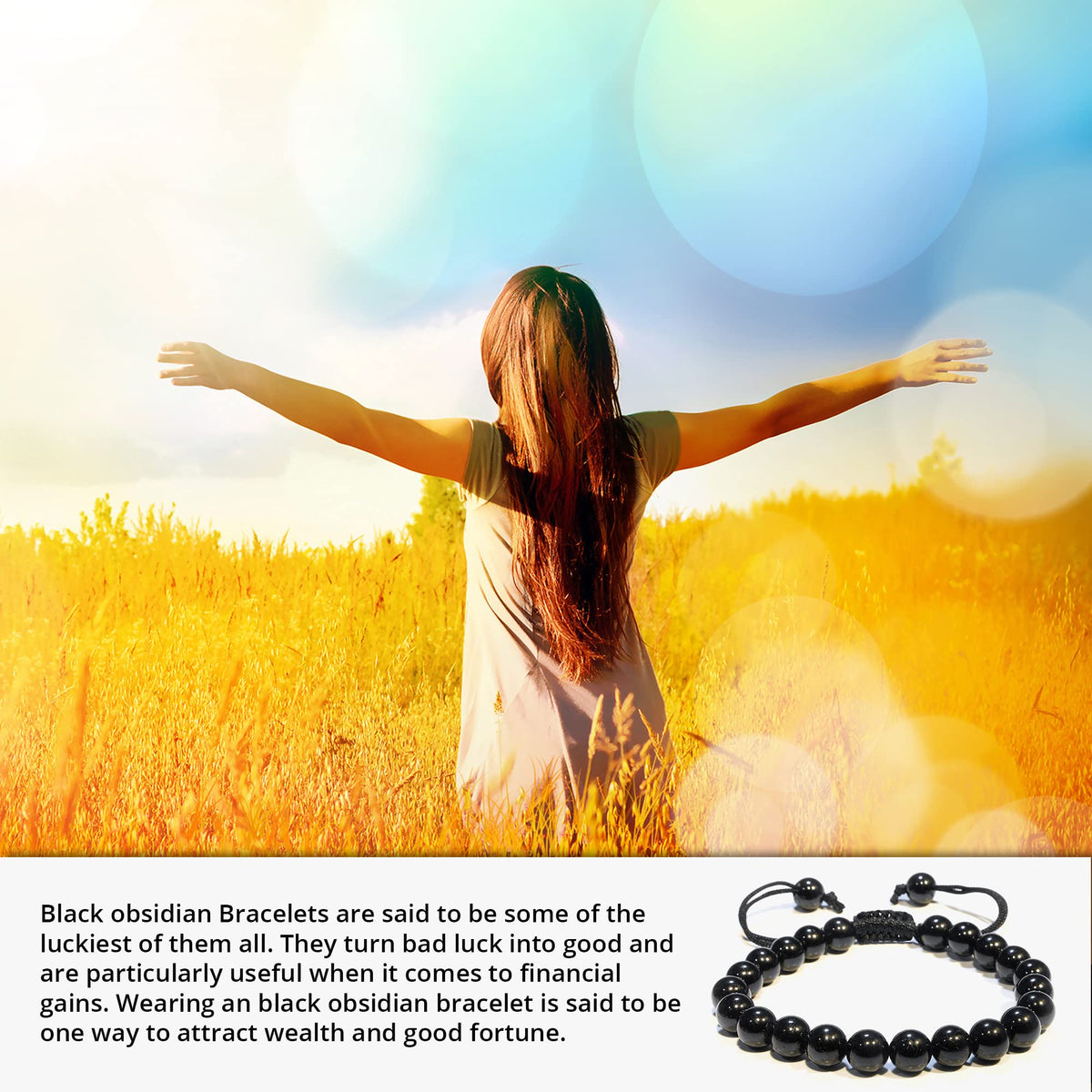 ANAYA AGATE Healing Crystal Bracelet – Chic Gemstone Bracelet for Men and Women – 8mm Round Bead Bracelets for Spiritual Healing, Protection, Positive Energy - Black Obsidian