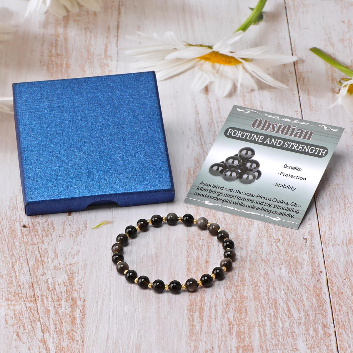 QOGIR Silver Obsidian - Fortune and Strength - 14K Gold Plated Beads Natural Gemstone Stretch Elastic Dainty Healing Beaded Bracelets Gifts 6mm