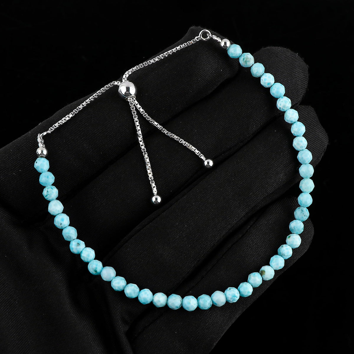 CRYSTALIS 4mm+ Natural Larimar Pectolite Beads Slider Bolo Bracelet, Beaded Crystals, Chakra Healing Stones, Delightful Womens Gemstone Jewelry, 925 Sterling Silver 10 inch