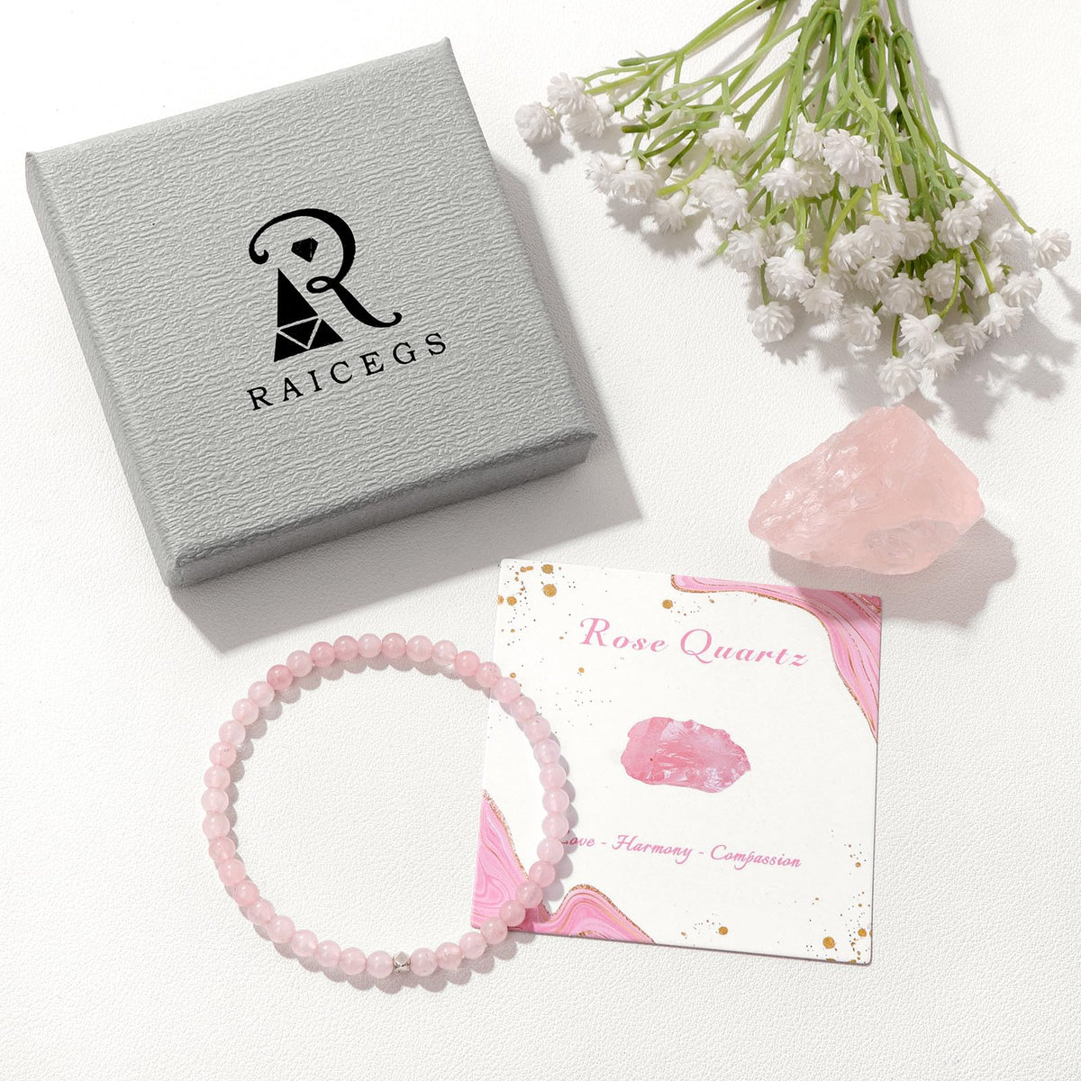 Raicegs 4MM Rose Quartz Beaded Bracelets Healing Crystal Bracelet for Women Men Natural Stone Handmade Stretch Bracelet Reiki Spiritual Jewelry