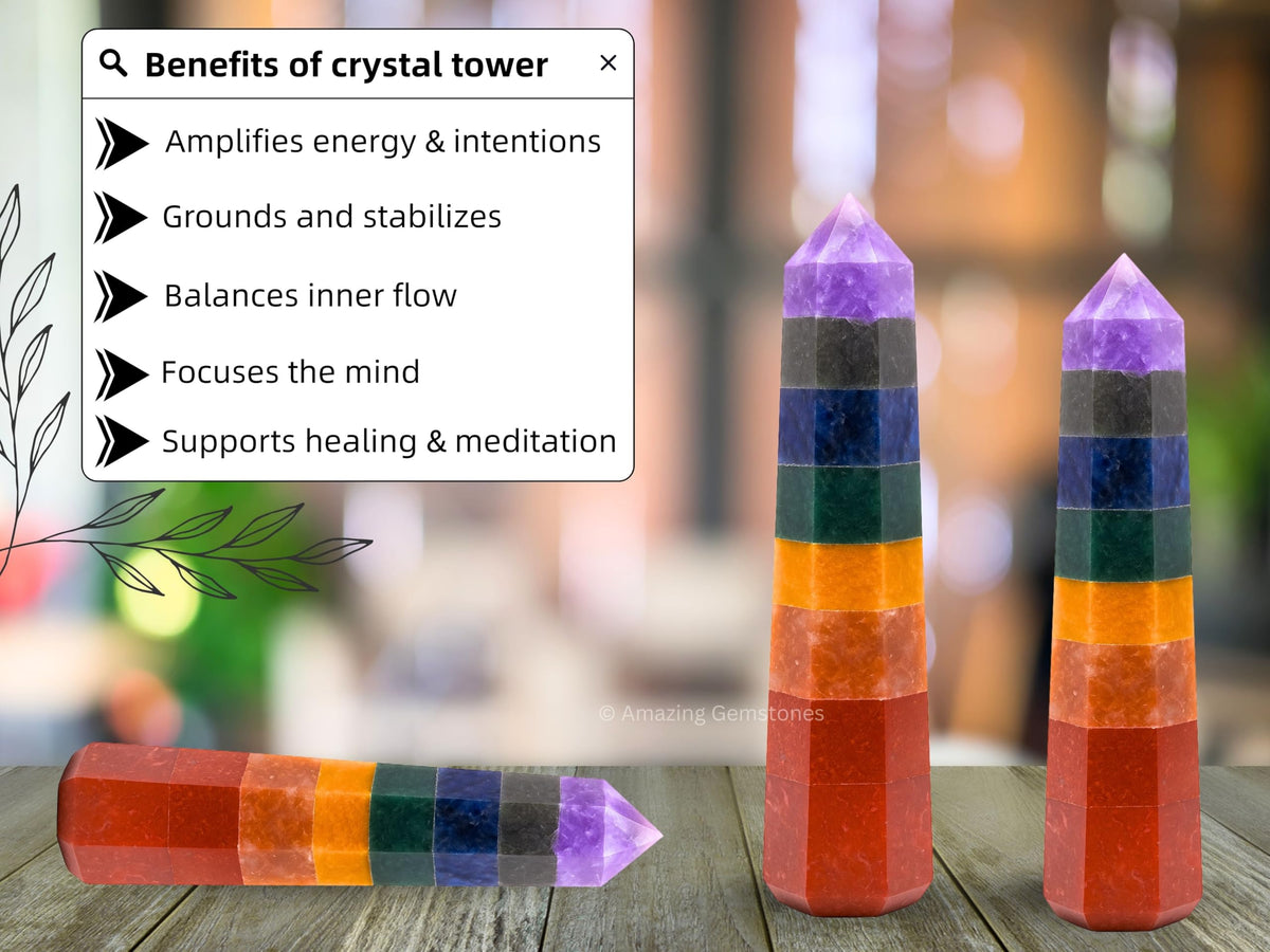 Amazing Gemstone Seven Chakra Crystal Towers ~ Natural Healing Crystal Point Obelisk for Reiki Healing and Crystal Grid (2" to 3" INCH)