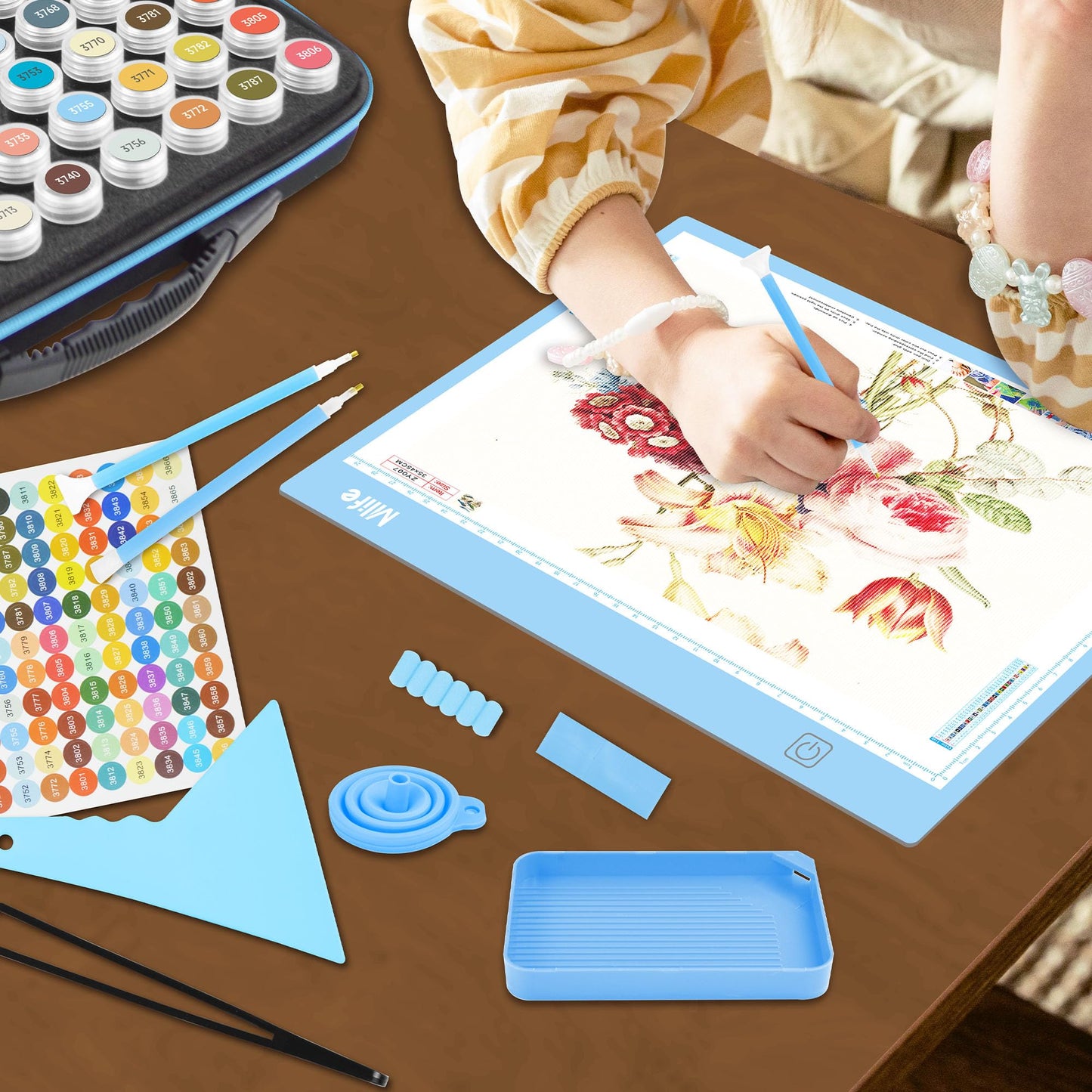 Mlife Diamond Painting Storage Boxes,1 Diamond Painting A4 Light Box Tracing Light Board with 3 Brightness, 80 Slots Bead Storage with 5D Diamond Art Accessories and Tools Kit(Blue)