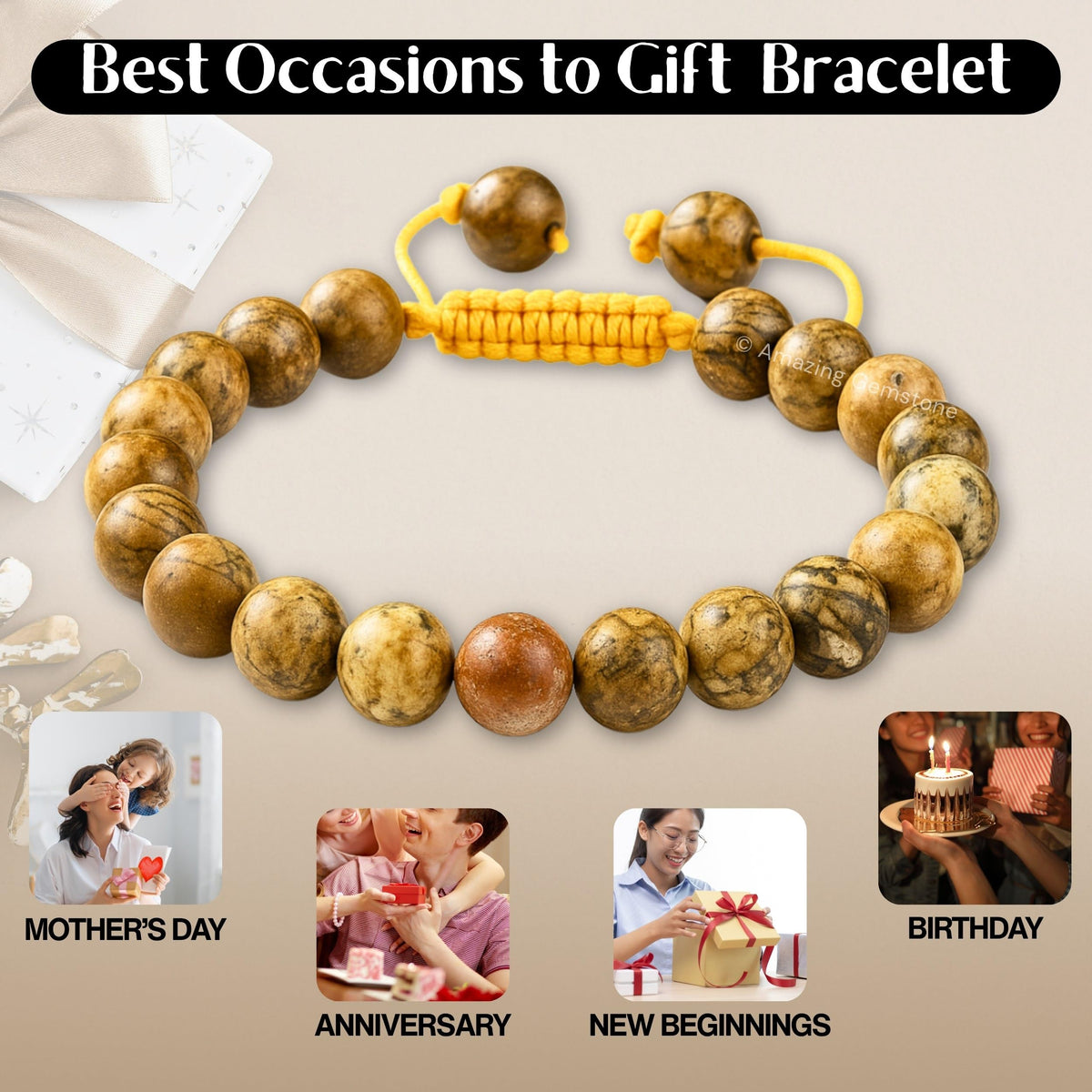 Amazing Gemstone Picture Jasper Bracelet for Women Men's Gifts - Protection Healing Crystal Bracelet - 8mm Beaded Adjustable Bracelet Pulseras Para Hombres Mujer Stocking Stuffers
