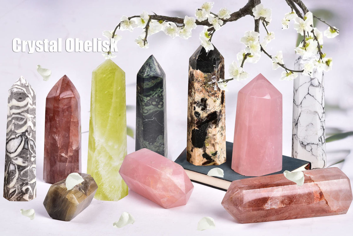 AMOYSTONE Rose Quartz Obelisk Tower Large Healing Crystal Wand Point 6 Faceted Reiki Chakra Meditation Stone Pink 1.1-1.7 LBS