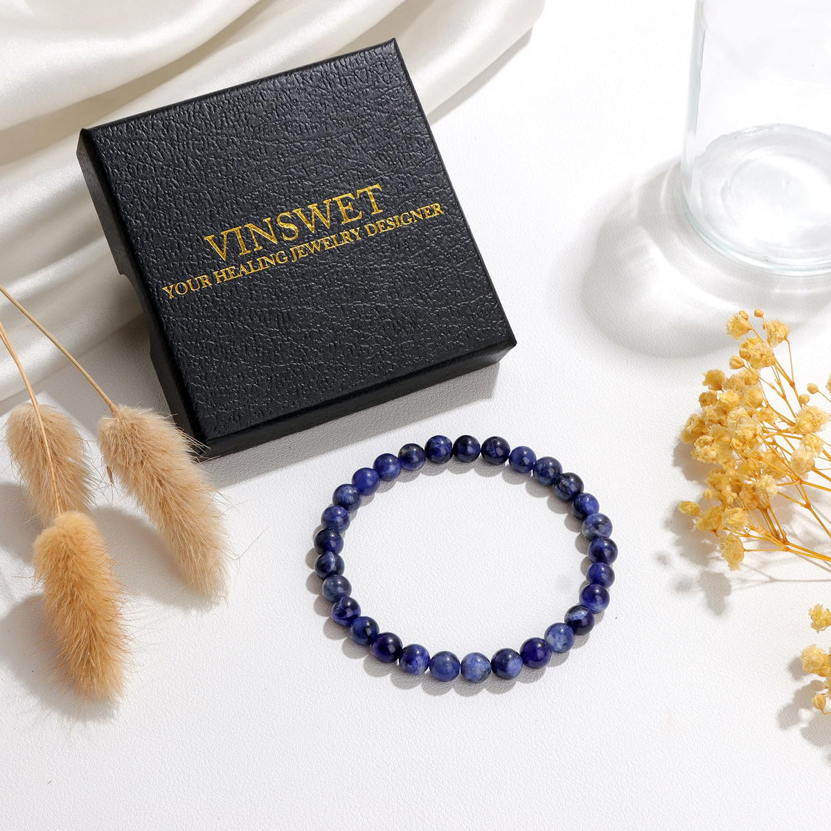 Vinswet Healing Crystal Bracelets for Women Men 6mm Sodalite Natural Stone Beaded Stretch Bracelet Handmade Gemstone Reiki Spiritual Jewelry Gifts