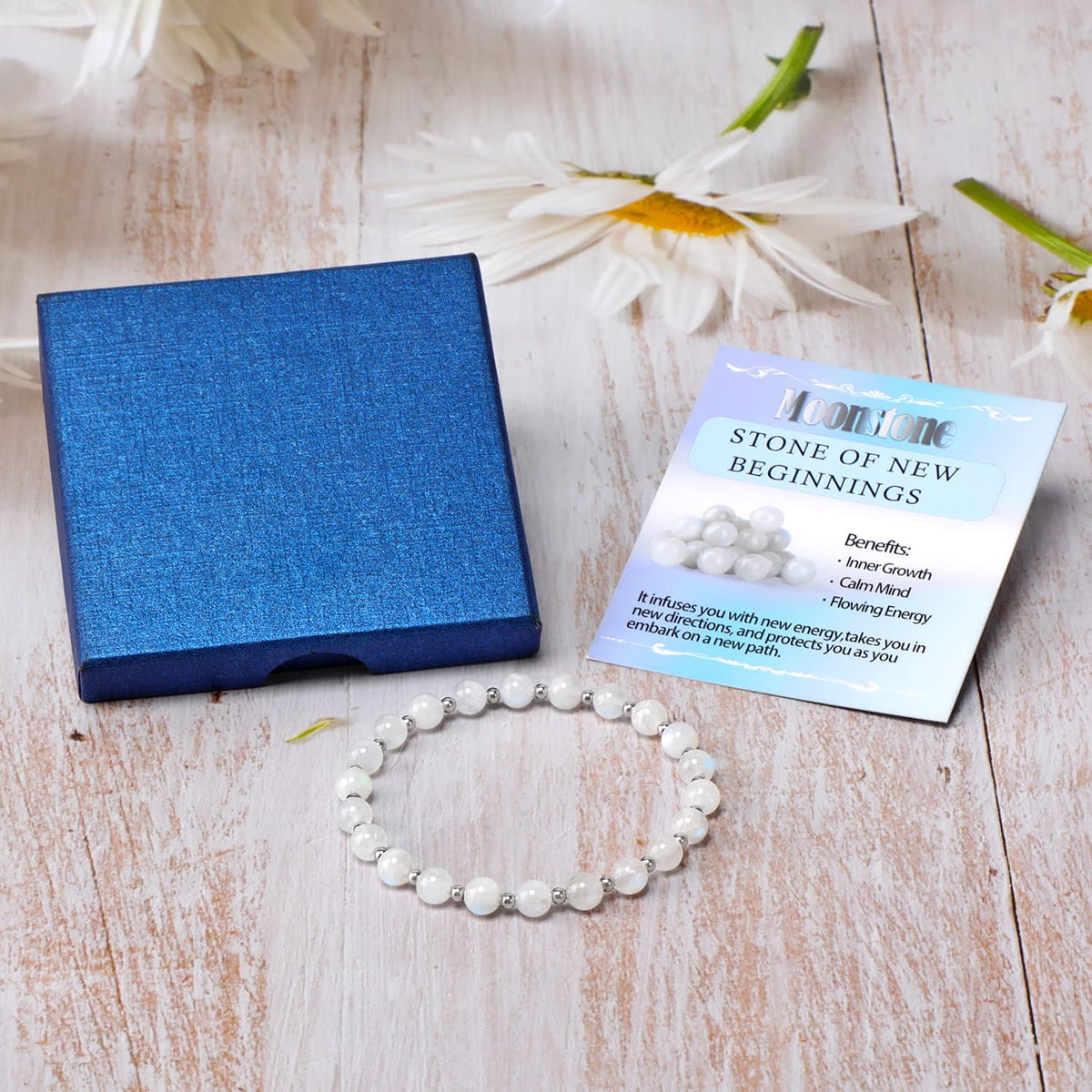 QOGIR Moonstone - New Beginnings - Stainless Silver Beads Natural Gemstone Stretch Elastic Dainty Healing Beaded Bracelets Gifts 6mm