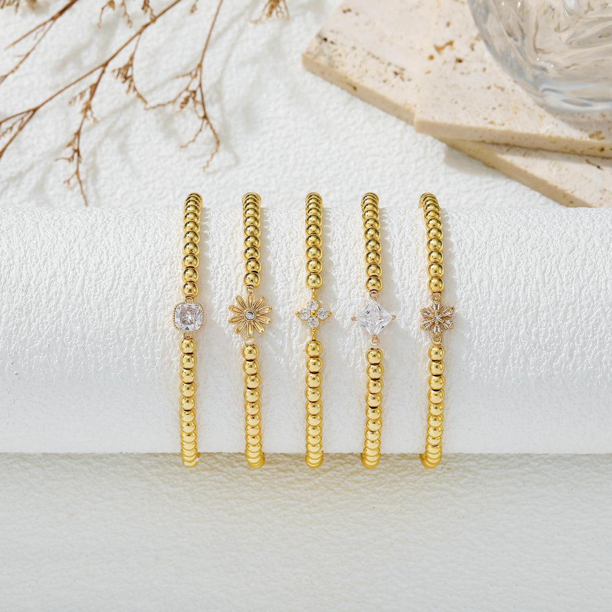 HZDK Beaded Bracelets for Women - 14K Gold Plated Dainty Beaded Bracelets for Women Stackable Charm Bracelet Trend Jewelry Stretch Bead Bracelet Gifts