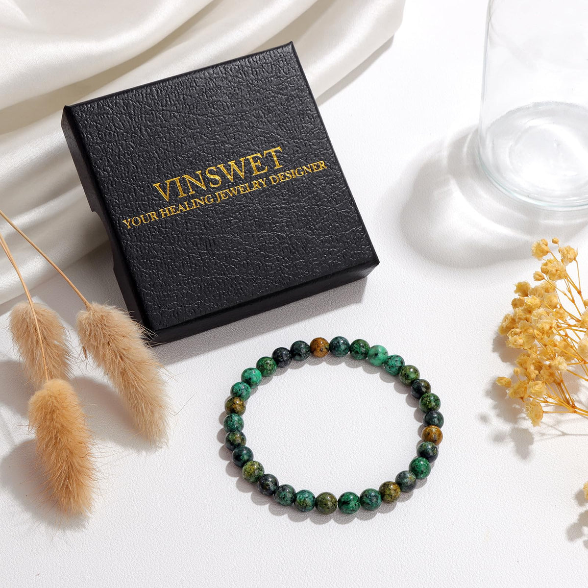Vinswet Healing Crystal Bracelets for Women Men 6mm African Turquoise Natural Stone Beaded Stretch Bracelet Handmade Gemstone Reiki Spiritual Jewelry Gifts