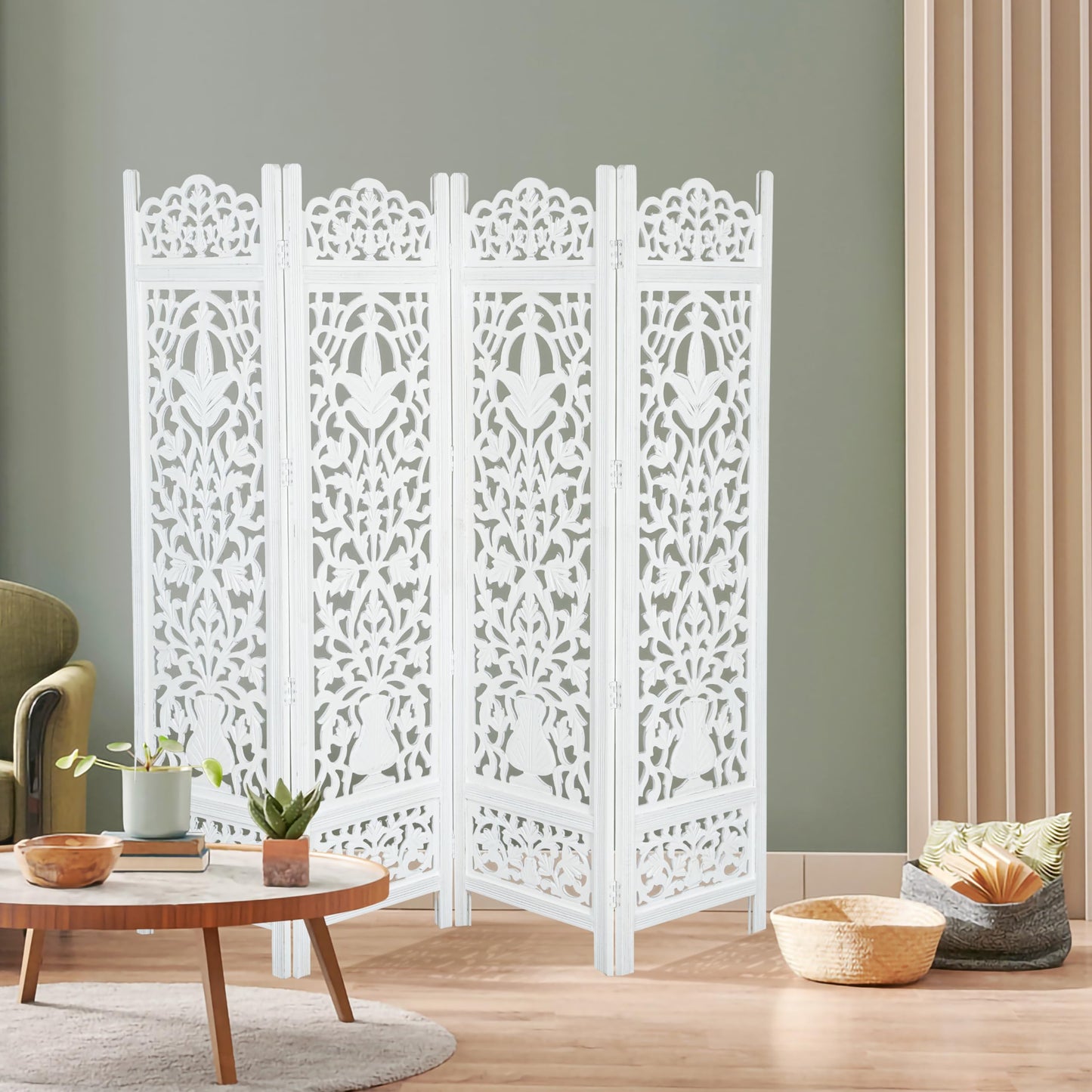 Lightnpro 4-Panel Wooden Room Divider 72"ร72" - Hand-Carved Floral Folding Privacy Screen | Pre-Assembled Large Decorative Partition for Living Room, Bedroom, Office & Boho Home Dรฉcor - Antique White