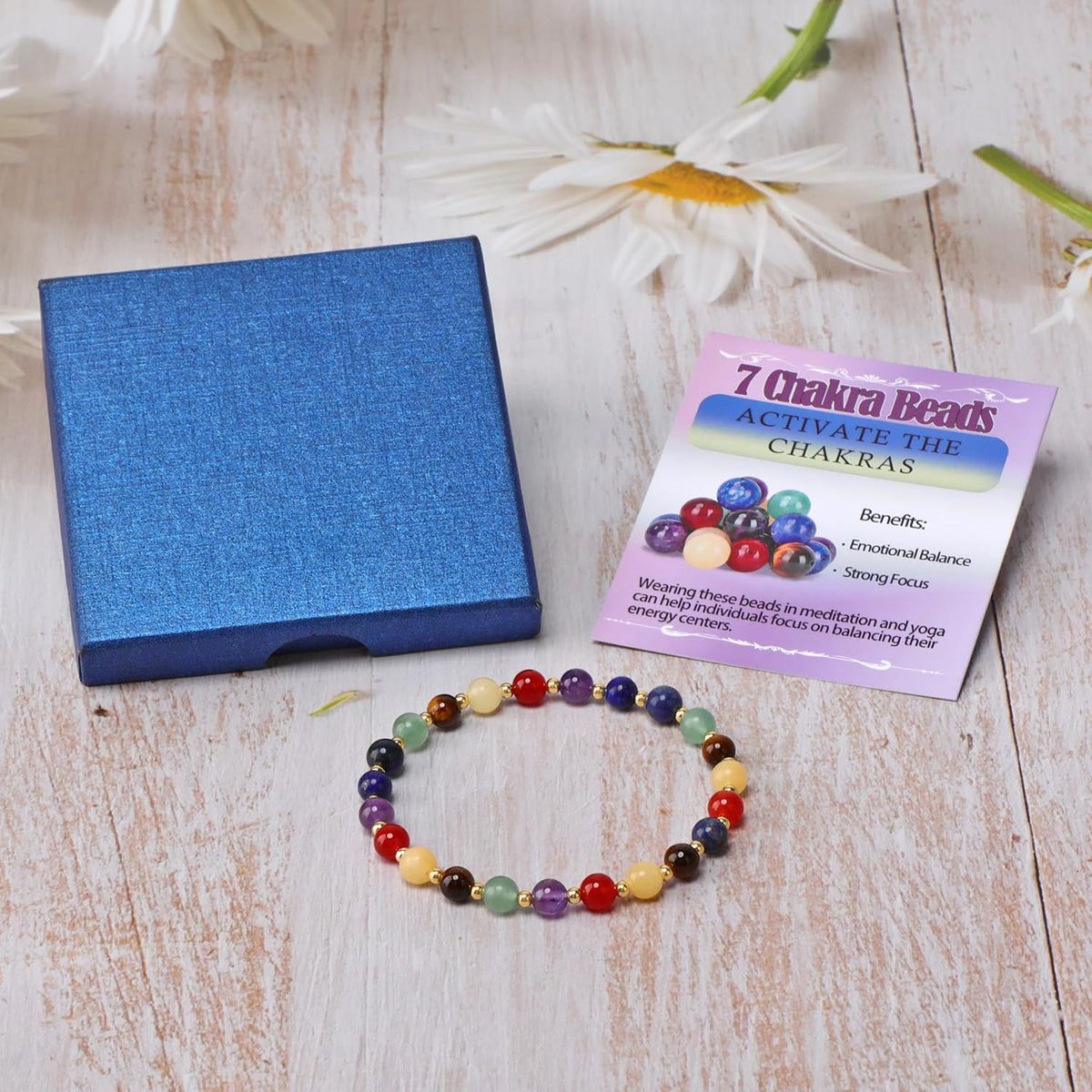 QOGIR 7 Chakra - Activate The Chakras - 14K Gold Plated Beads Natural Gemstone Stretch Elastic Dainty Healing Beaded Bracelets Gifts 6mm