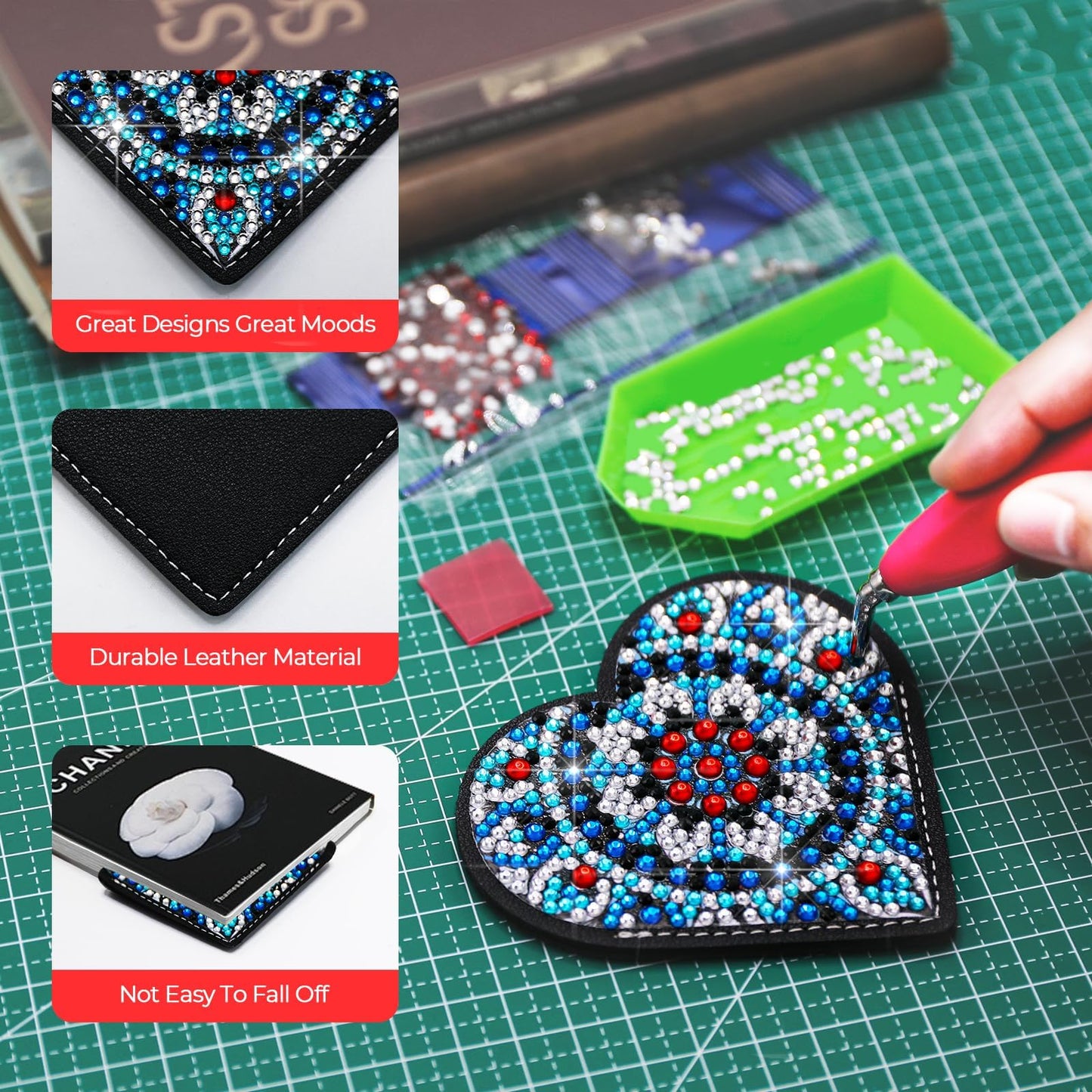 Diamond Painting Bookmark Bead Art Leather Book Mark Craft Making Kit for Adults Night Rhinestone Craft Party DIY Bedazzling Art Bookmark Paint by Gem Dots Crafts Motherâs Day Women Gift (Black Heart)