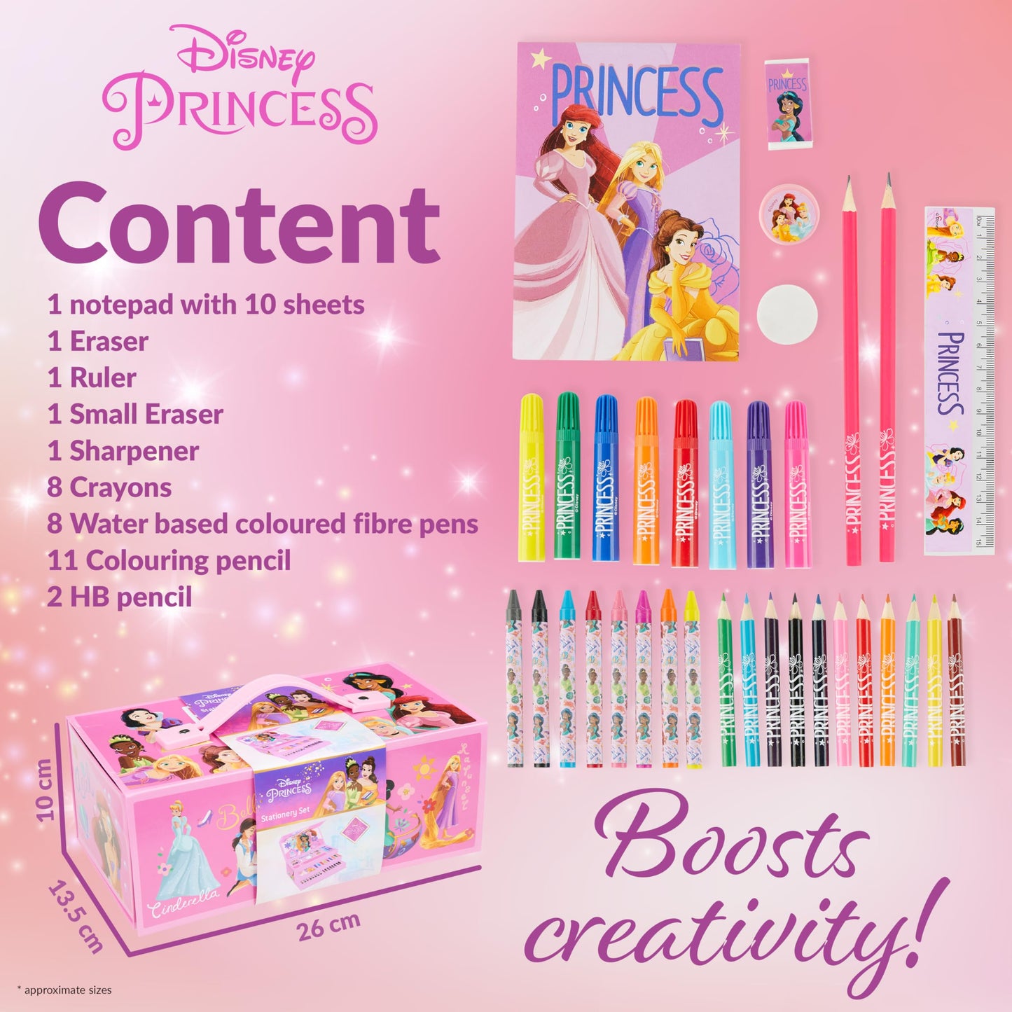 Disney Stitch Colored Pencils Art Supplies Kids School Supplies Set Stationery Girls Drawing Pencils Supplies Travel Case with Crayons Arts and Crafts for Kids 4-12 (Pink Princesses)