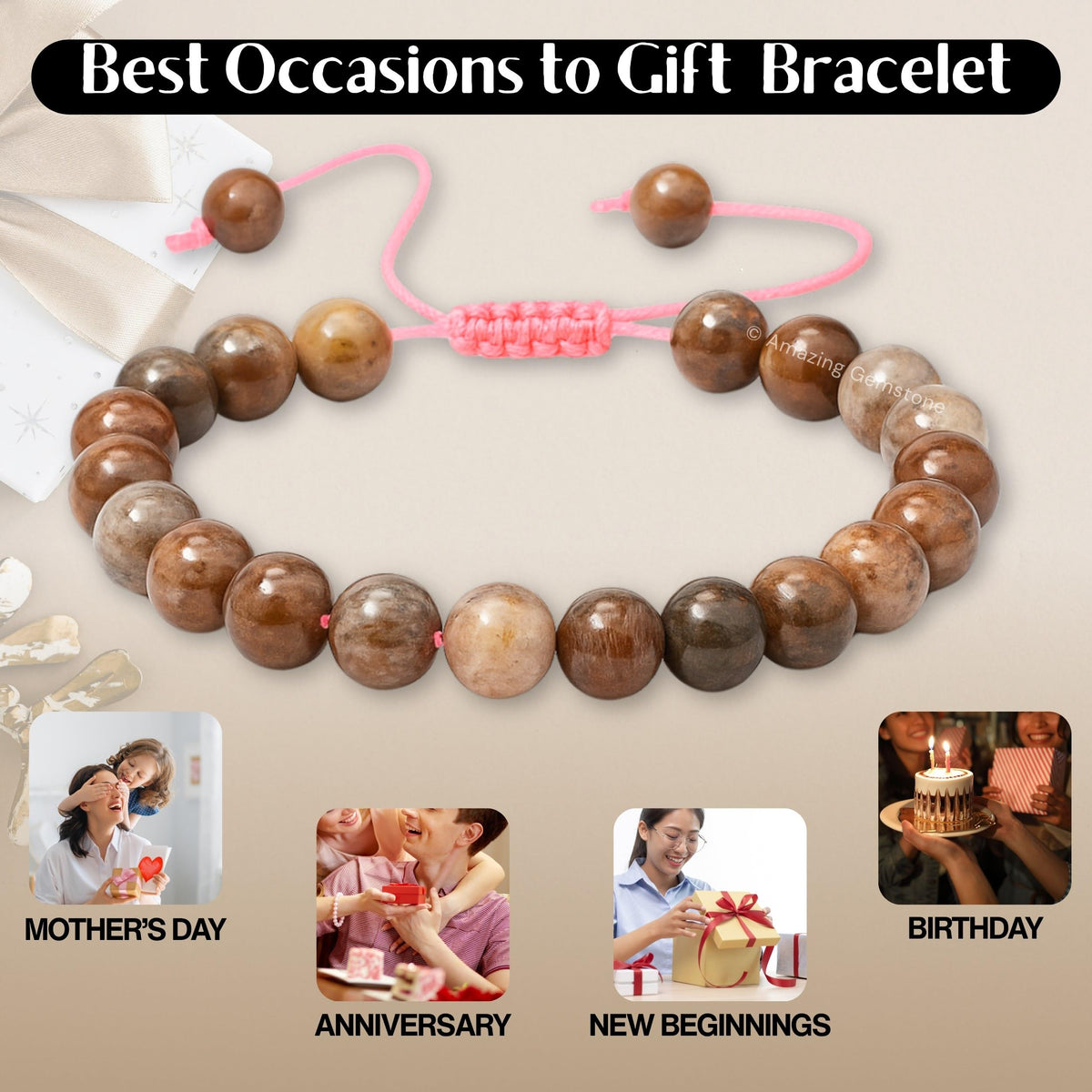 Amazing Gemstone Original Sunstone Bracelet for Women Men's Gifts - Protection Healing Crystal Bracelet - 8mm Beaded Adjustable Bracelet Pulseras Para Hombres Mujer Stocking Stuffers