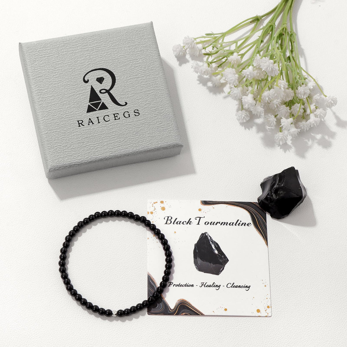 Raicegs 4MM Black Tourmaline Beaded Bracelets Healing Crystal Bracelet for Women Men Natural Stone Handmade Stretch Bracelet Reiki Spiritual Jewelry
