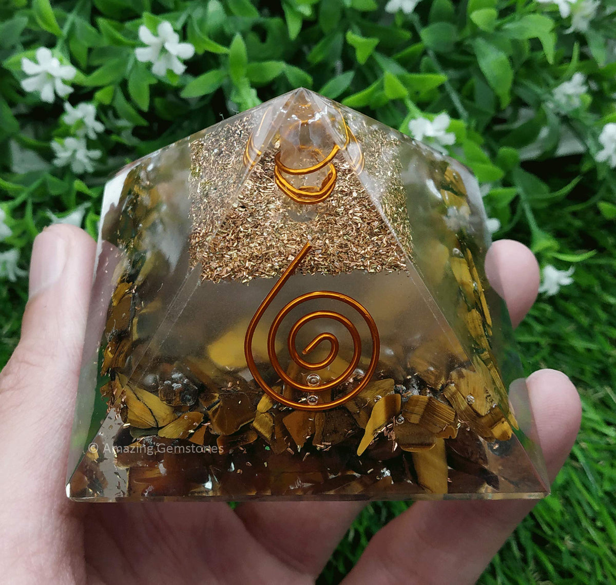Large Orgone Pyramid | Glow in Dark Tigers Eye Pyramid Crystal | Orgonite Pyramid | Organ Pyramids Positive Energy Healing
