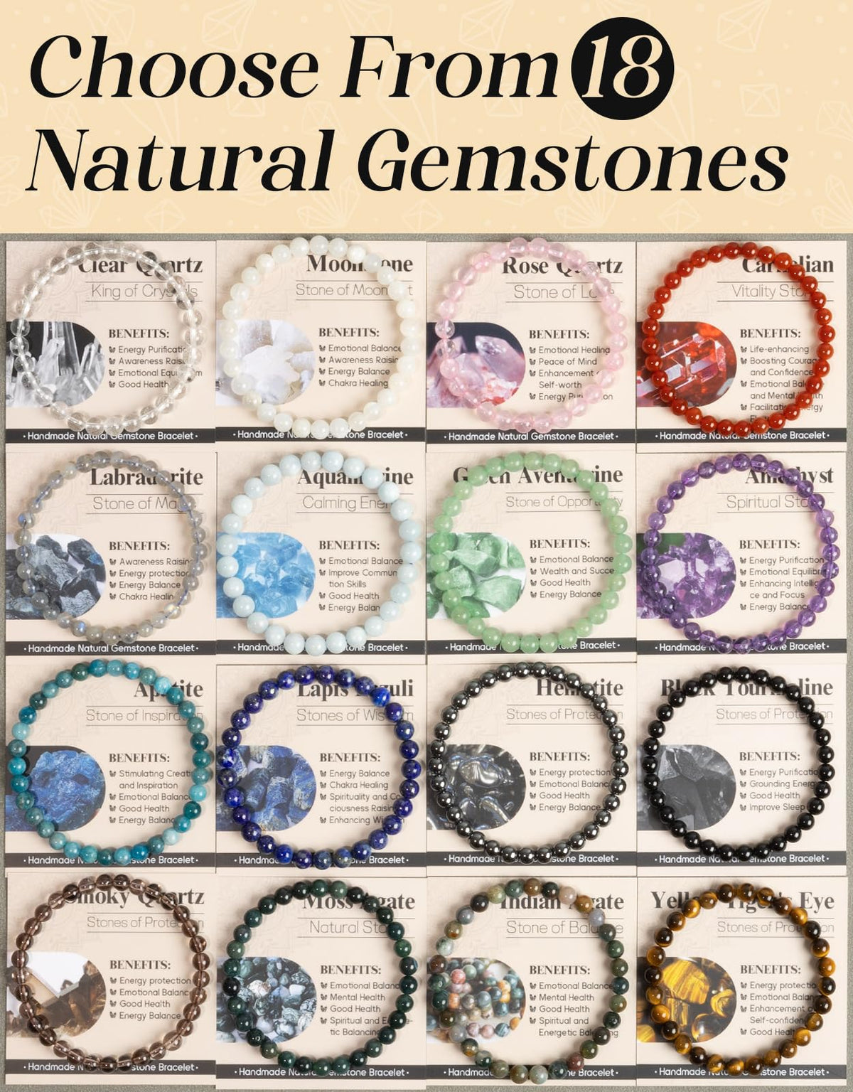Landorilo Beaded Bracelet for Men Women, 6mm Natural Stone Amethyst Healing Crystal Stretch Bracelets, Ideal Christmas Birthday Jewelry Gifts with Energy Card,Replacement Beads Included