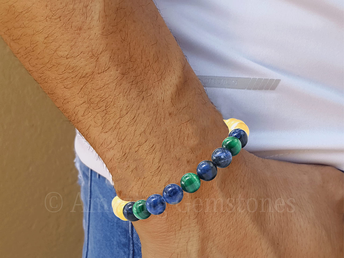 Amazing Gemstone Diabetic Support Bracelet - Yellow Calcite Sodalite Malachite Bracelet Set for Men Women Healing Calming Anxiety Stress Relief Gifts Pulseras Para Hombres Mujer Stocking Stuffers