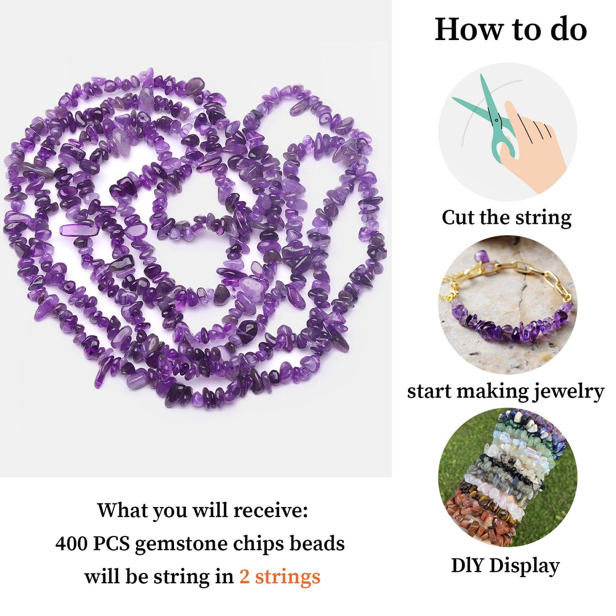 400pcs Natural Chip Stone Beads for Jewelry Making Amethyst 5-8mm Irregular Gemstones Healing Crystal Loose Rocks Bead Hole Drilled for Ring Earrings Necklace Bracelet Making DIY Art Crafts