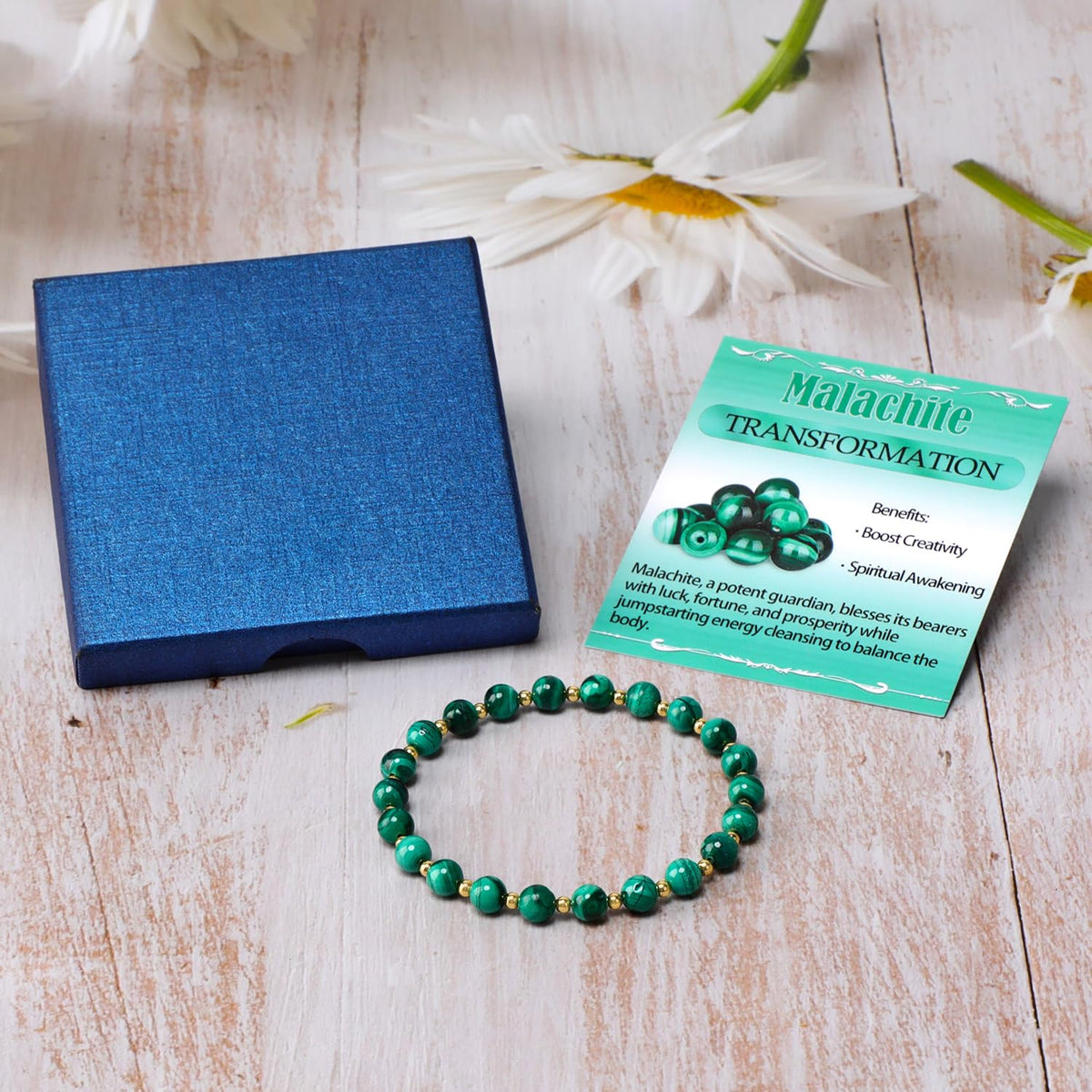 QOGIR Malachite - Transformation - 14K Gold Plated Beads Natural Gemstone Stretch Elastic Dainty Healing Beaded Bracelets Gifts 6mm