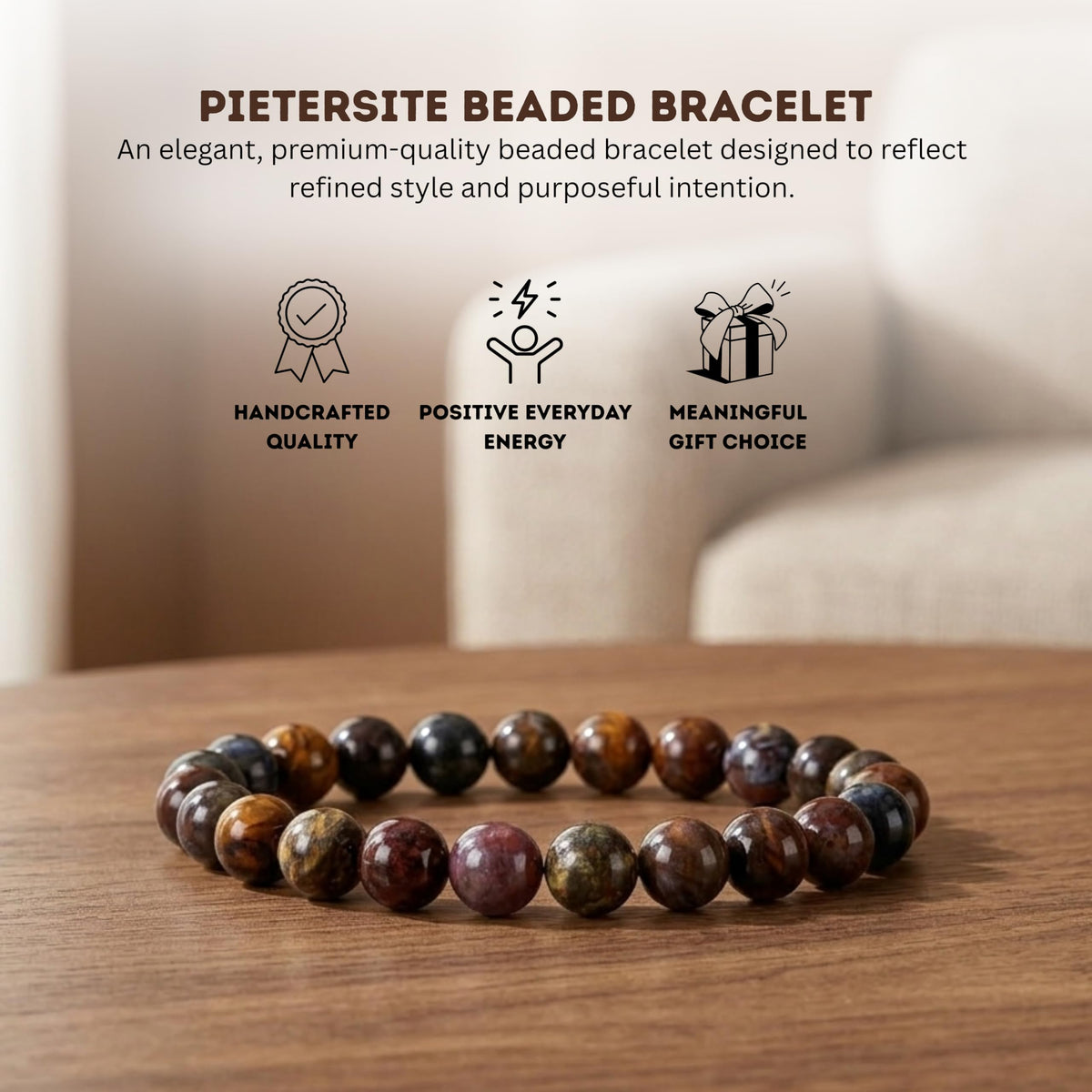 Cherry Tree Collection Pietersite Beaded Bracelet – Genuine 8mm Gemstone Stretch Bracelet for Men & Women – Handmade Crystal Bracelet - (Pietersite - M)