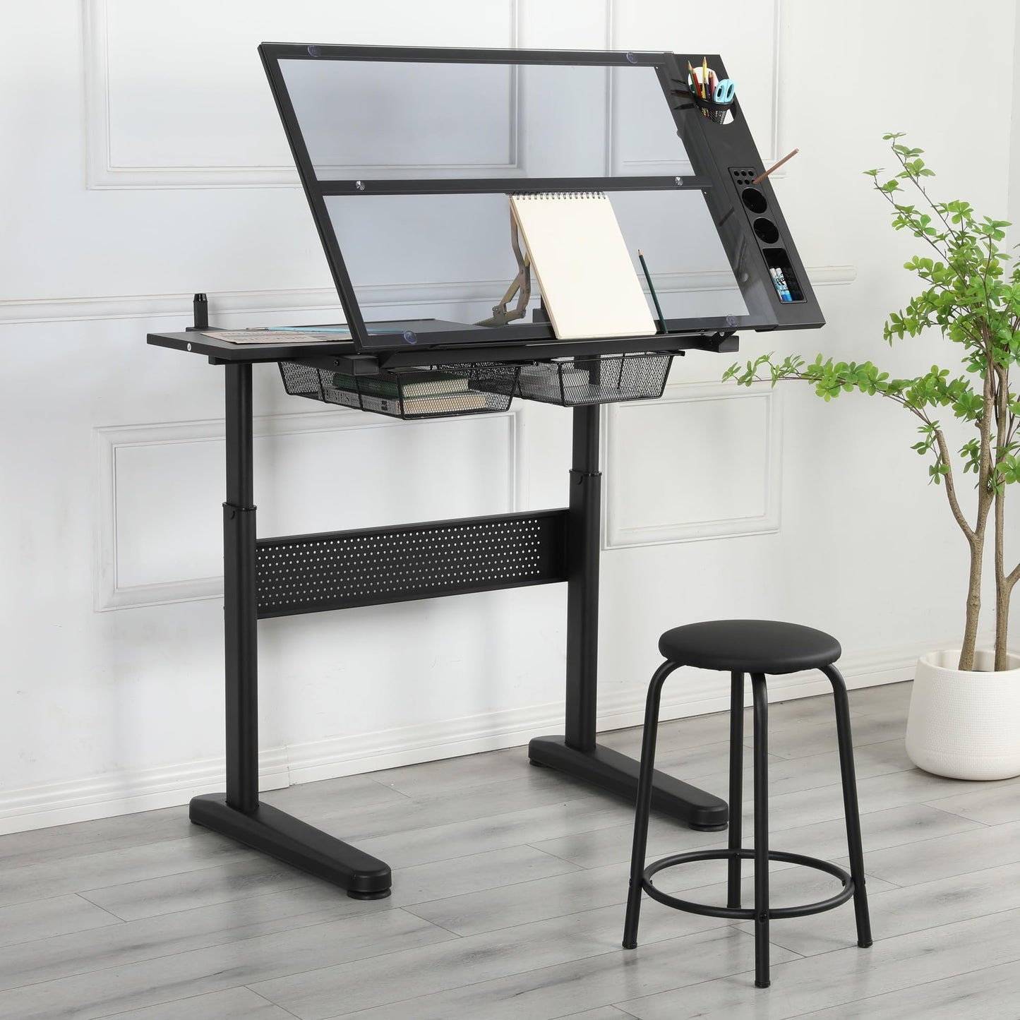 Hand Crank Adjustable Drafting Table Drawing Desk with 2 Metal Drawers,with Stool