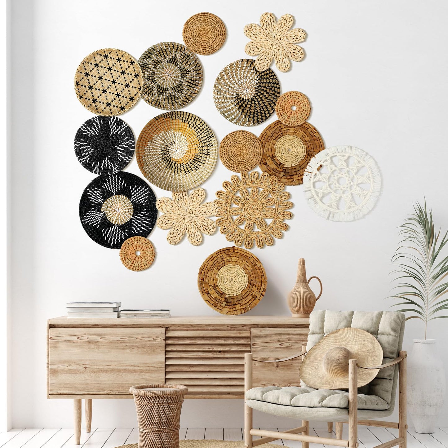 Xuhal 15 Pcs Boho Wall Basket Decor Handcrafted Seagrass Woven Wall Basket Rustic Round Woven Hanging Art for Home Farmhouse Kitchen Table Living Room(Stylish Style)