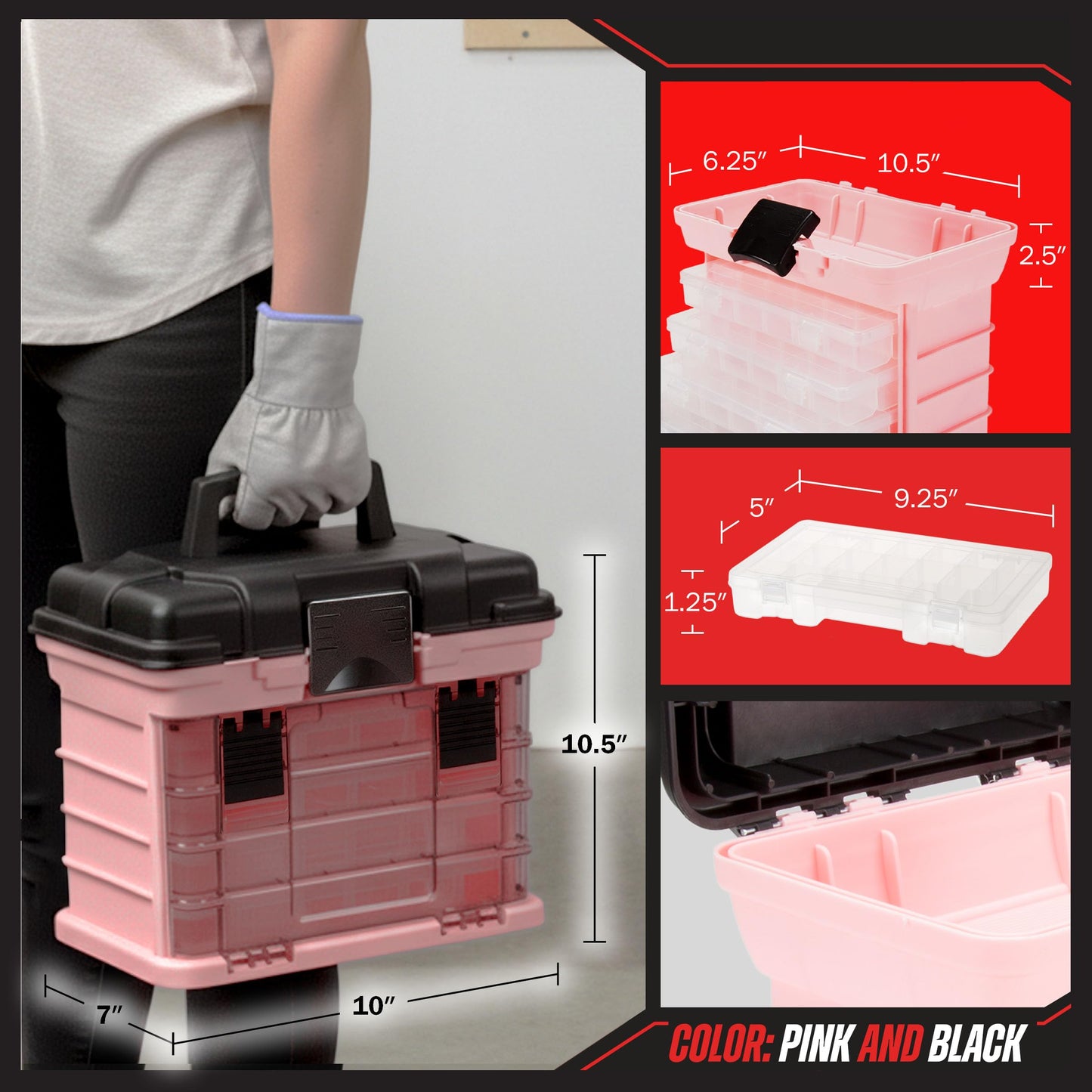Pink Tool Box Organizer with Removable Compartments – Portable Storage Case for Crafts, Beads, Screws & Small Tools – Lightweight Utility Organizer by Stalwart