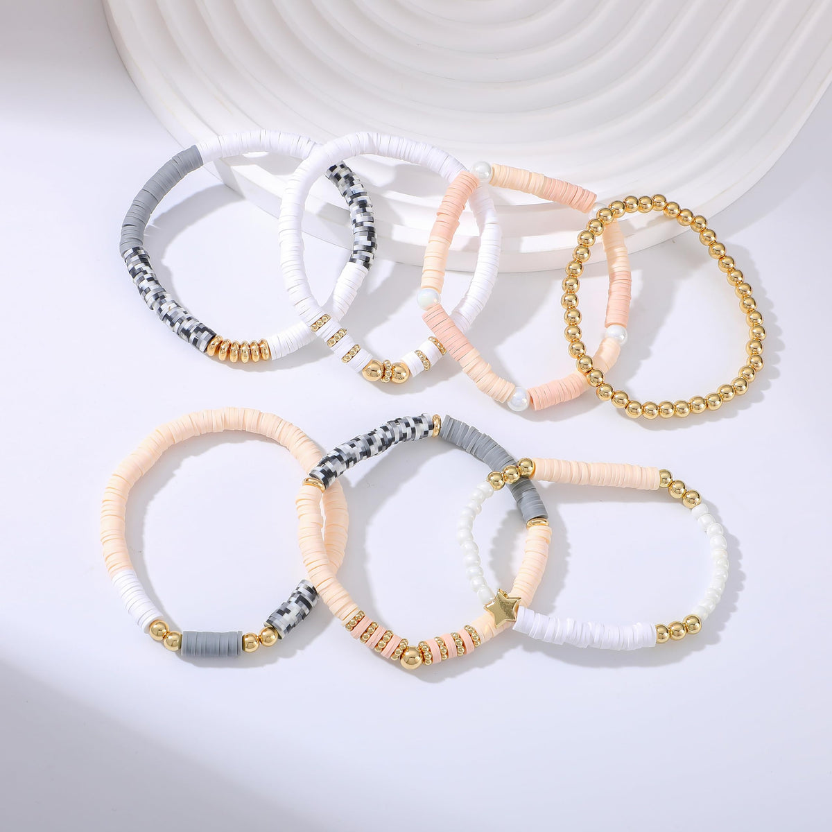 RISHEGAE Heishi Beaded Stretch Bracelets for Women Stackable Gold Polymer Clay Beads Bracelets Friendship Boho Summer Beach Bracelet Jewelry Set (F-H grey white)
