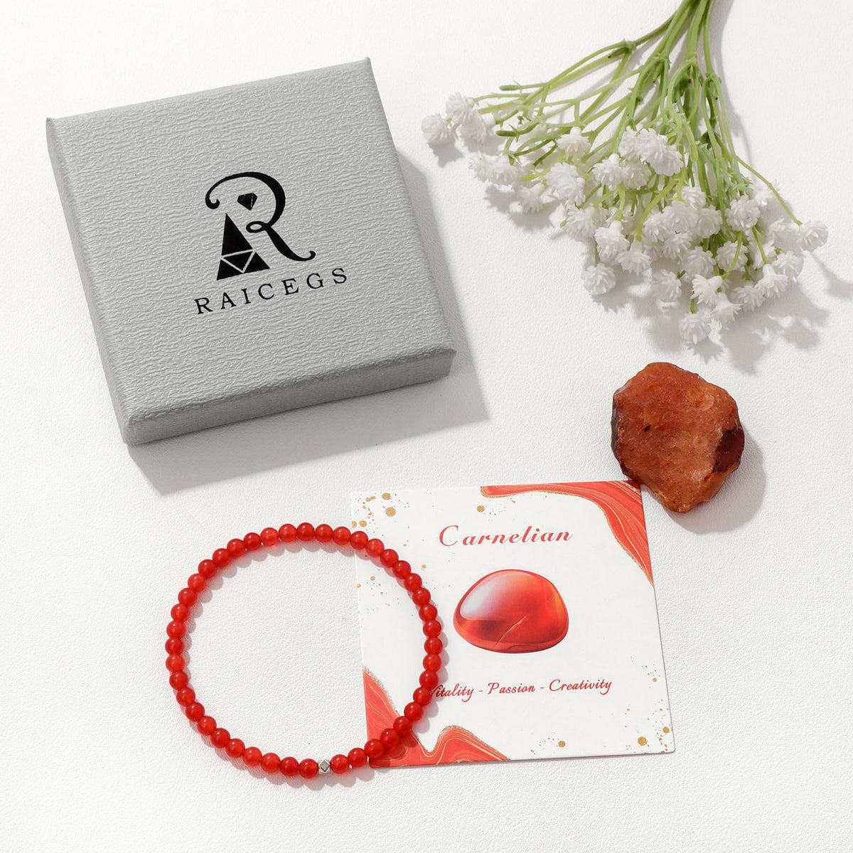 Raicegs 4MM Carnelian Beaded Bracelets Healing Crystal Bracelet for Women Men Natural Stone Handmade Stretch Bracelet Reiki Spiritual Jewelry