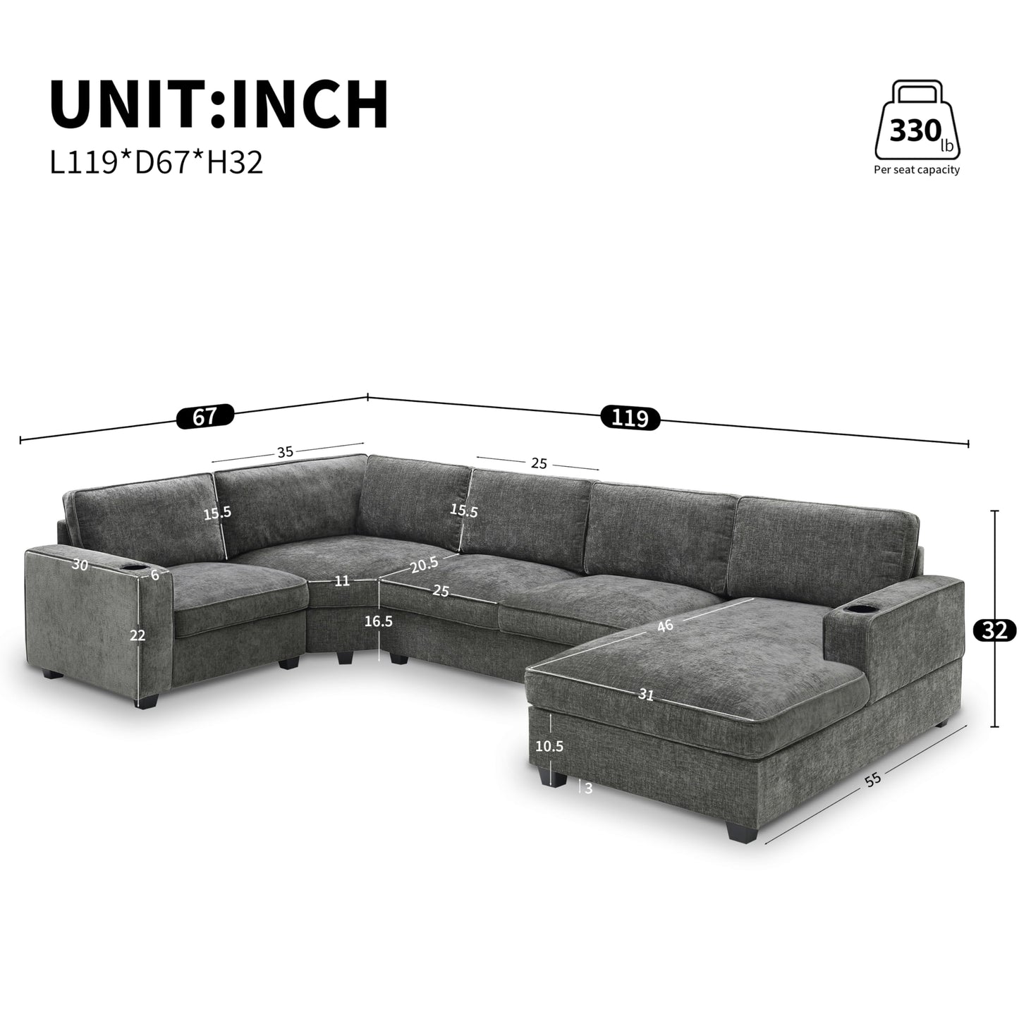 Merax Modern U-Shaped Cloud Couch Set with Oversized Chaise Lounge, Chenille 6-Seat Sectional Sofa Sleeper Bed with Cup Holders for Living Room Dark Gray