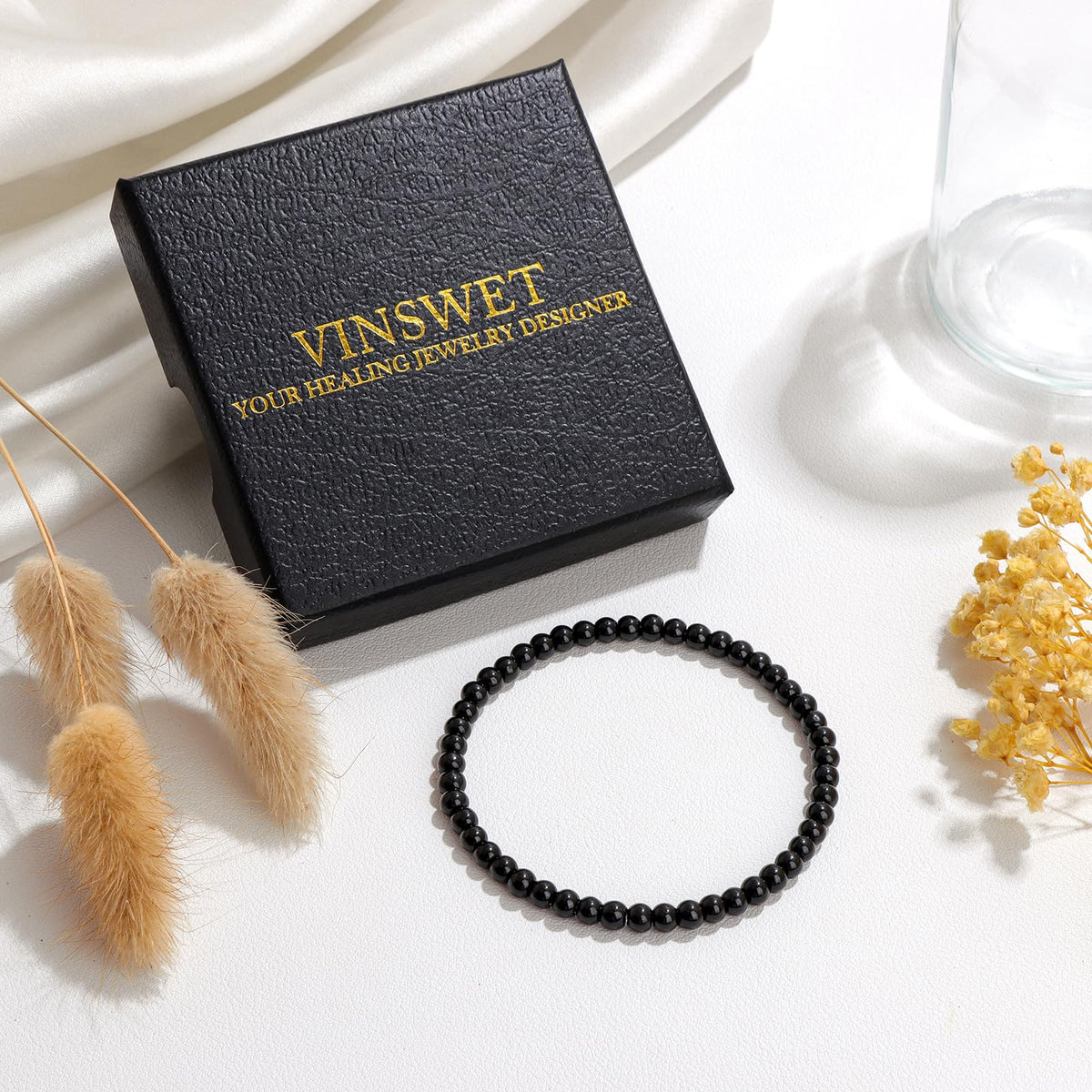 Vinswet Healing Crystal Bracelets for Women Men 4mm Black Obsidian Natural Stone Beaded Stretch Bracelet Handmade Gemstone Reiki Spiritual Jewelry Gifts